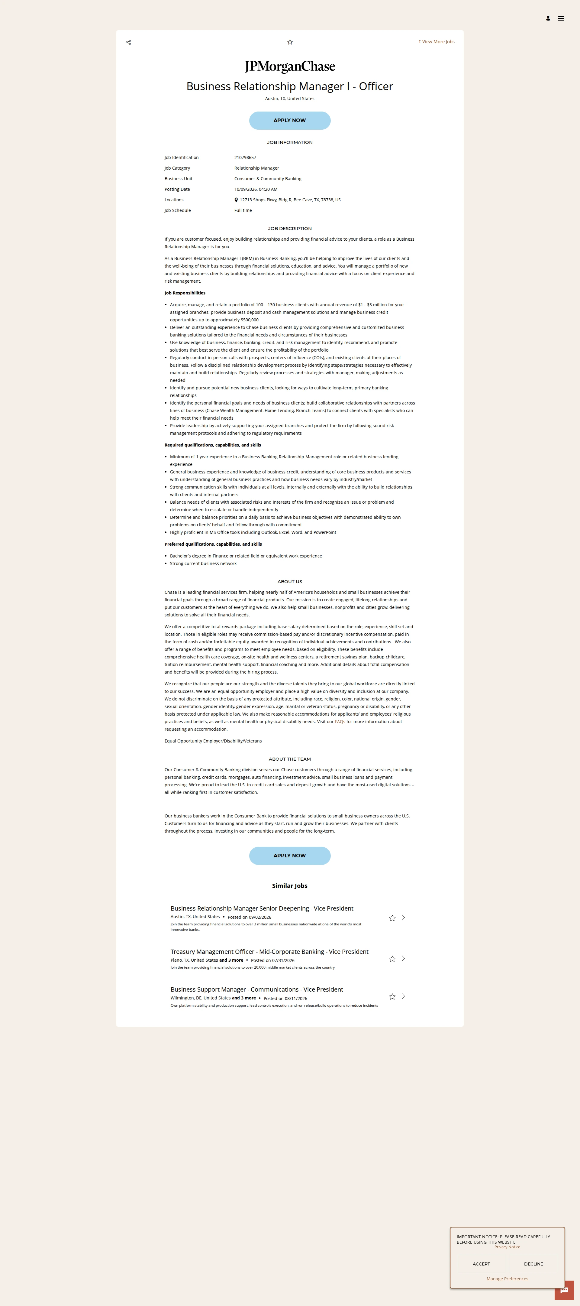 JPMorganChase Business Relationship Manager I - Officer 채용공고