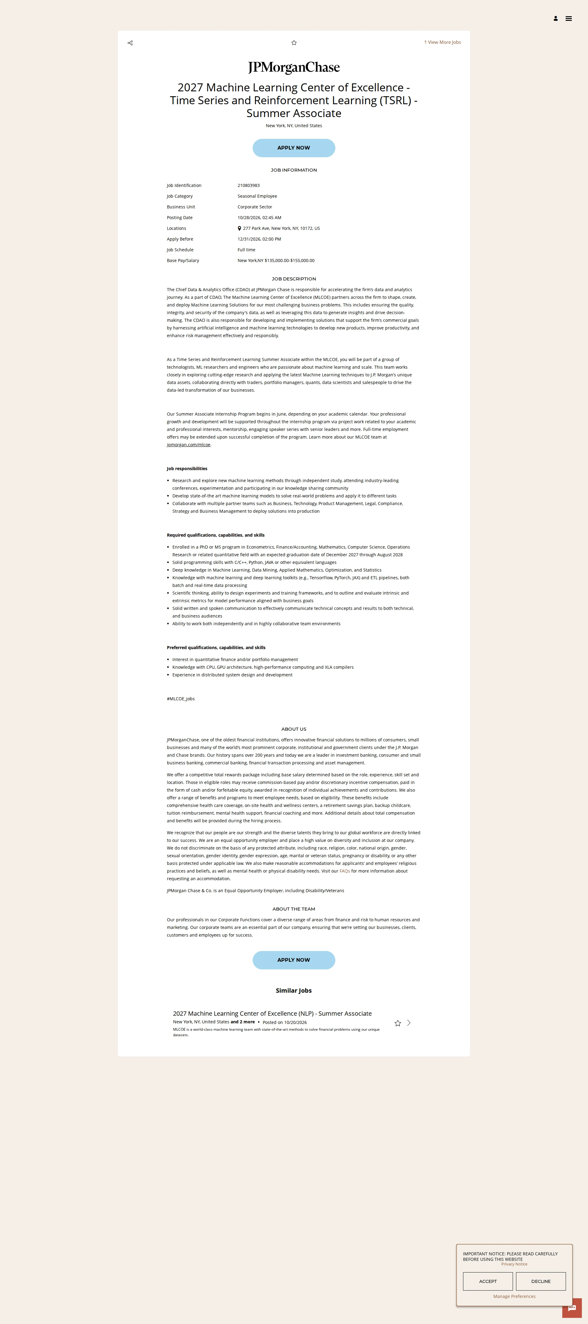 JPMorganChase 2027 Machine Learning Center of Excellence - Time Series and Reinforcement Learning (TSRL) - Summer Associate 채용공고