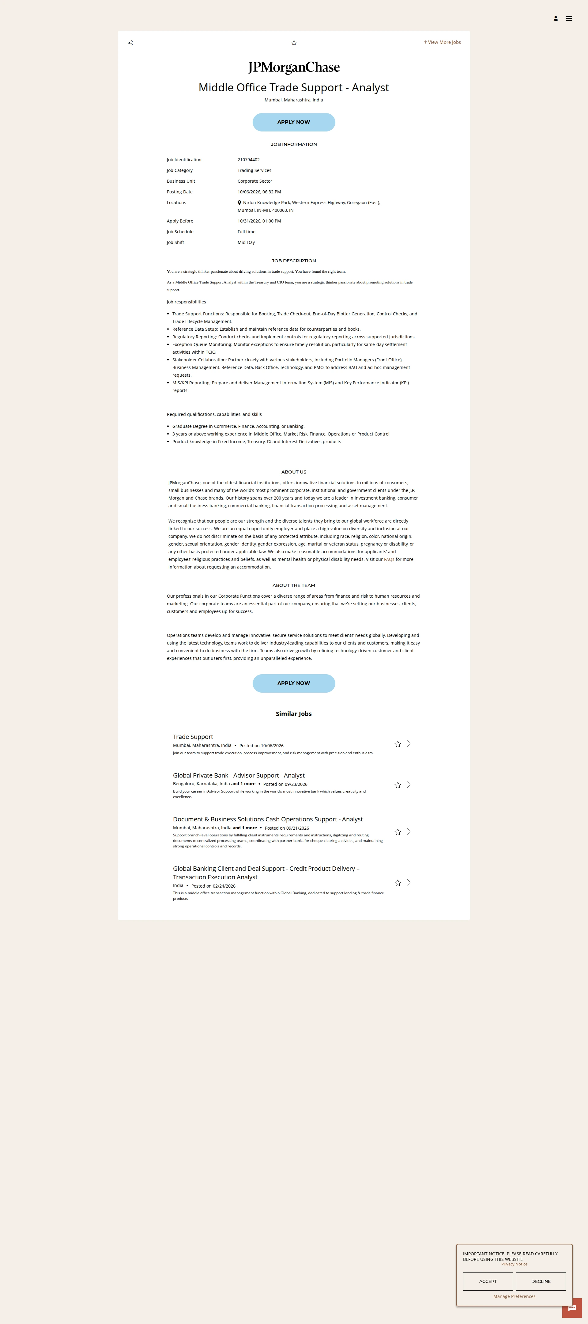 JPMorganChase Middle Office Trade Support - Analyst 채용공고