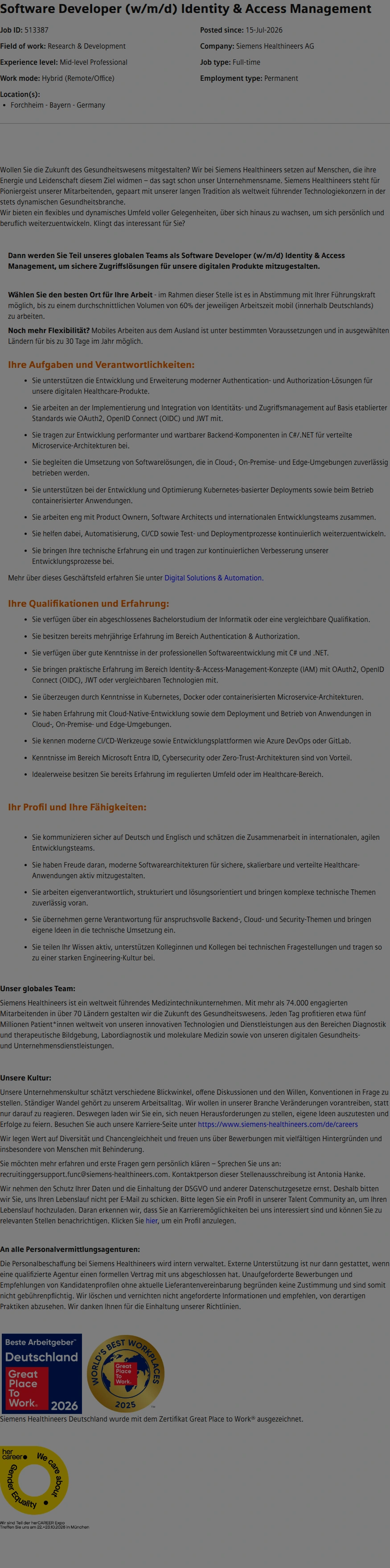 SiemensHealthineers Software Developer (w/m/d) Identity & Access Management 채용공고