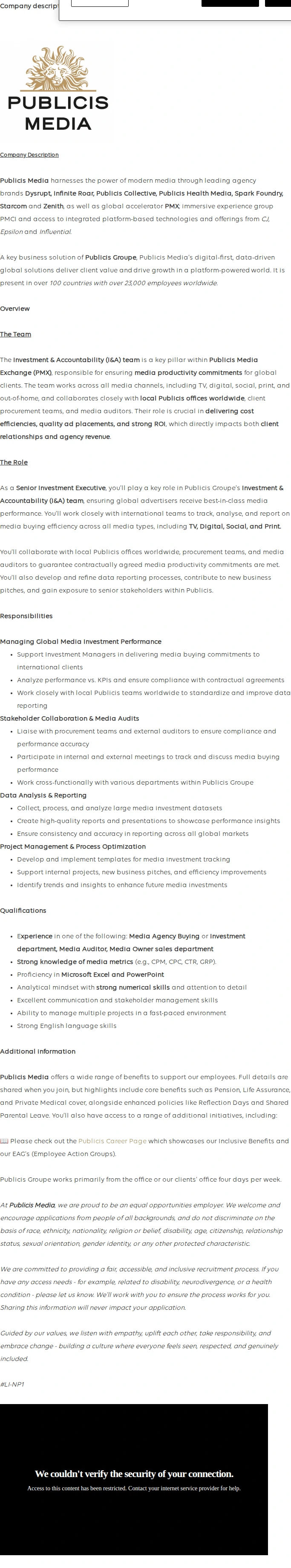 Publicis Groupe Senior Executive, Investment (Media) 채용공고