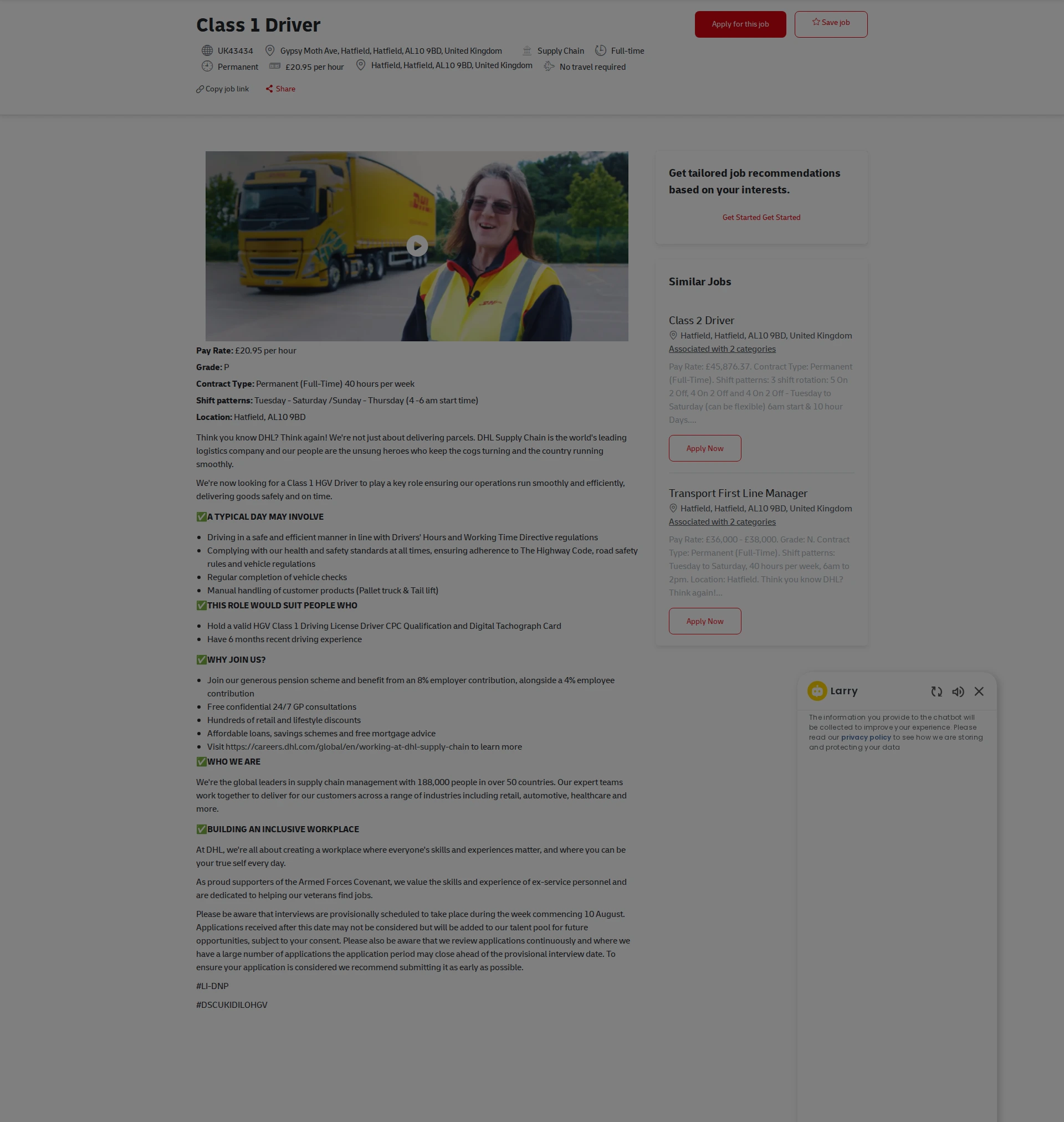 DHL Class 1 Driver 채용공고