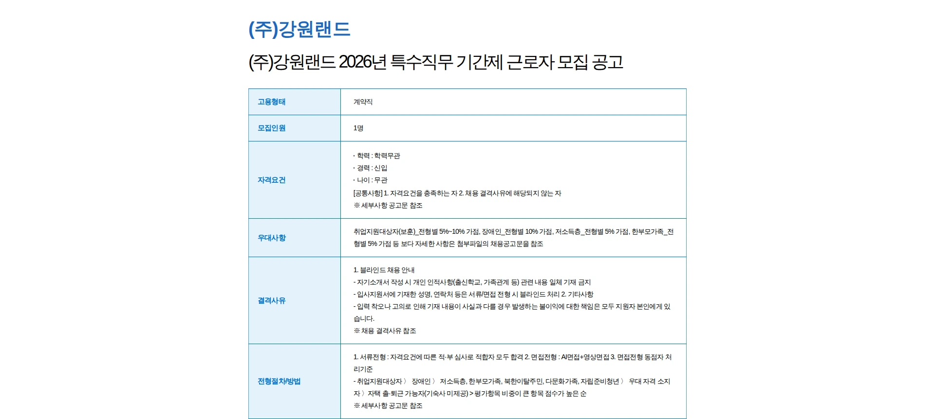 강원랜드 (주)강원랜드 2026년 특수직무 기간제 근로자 모집 공고 채용공고
