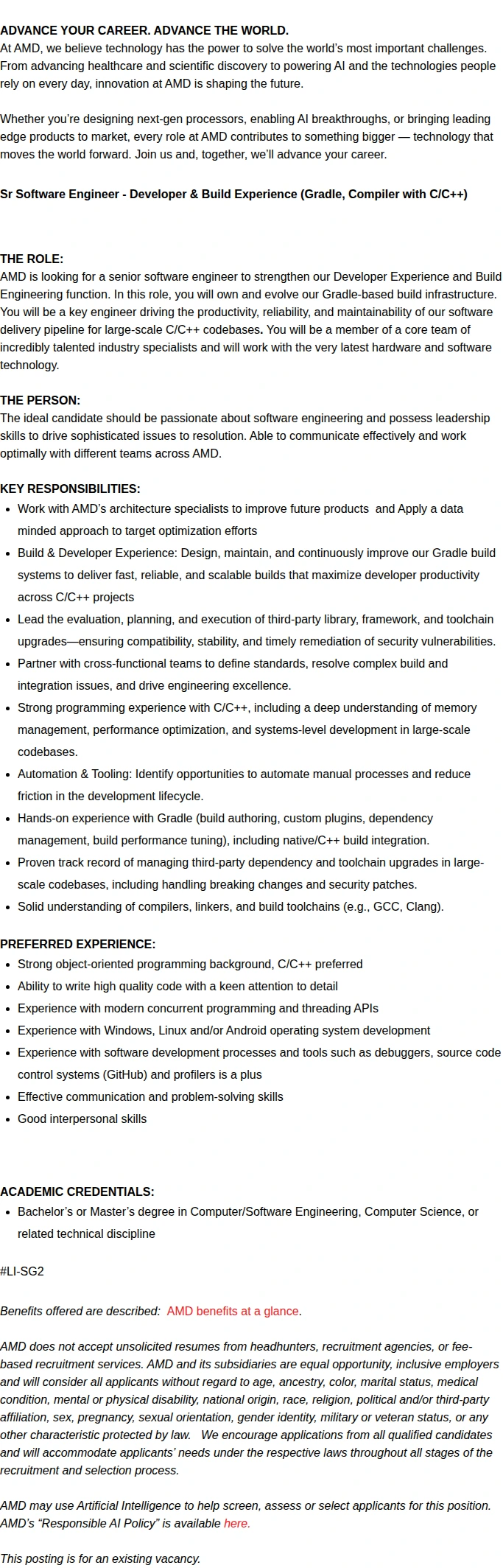 AMD Sr Software Engineer - Developer & Build Experience (Gradle, Compiler with C/C++) 채용공고