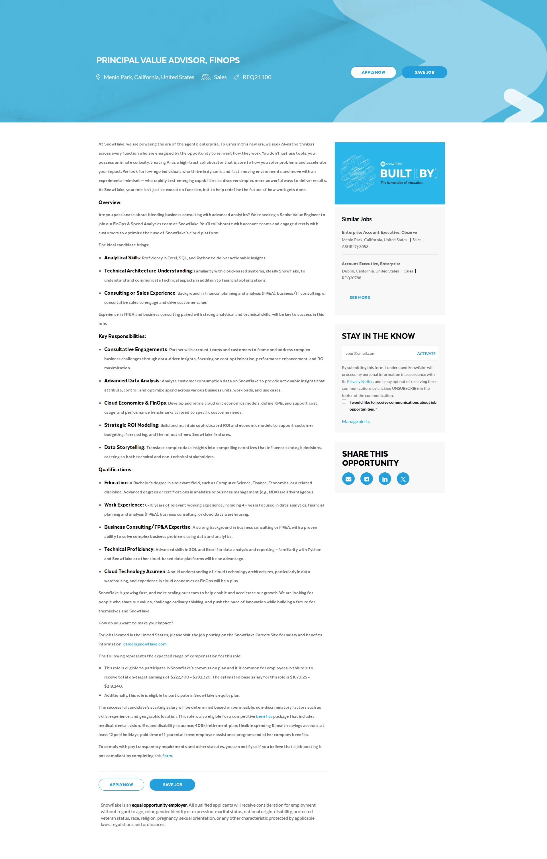 스노우플레이크 Principal Value Advisor, FinOps 채용공고