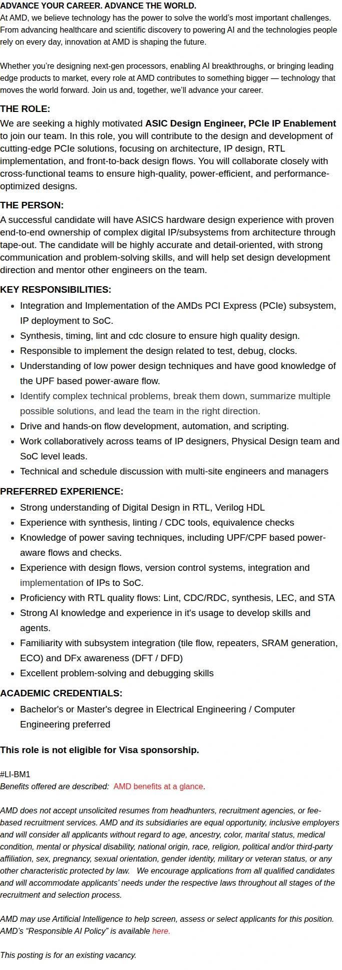 AMD ASIC Design Engineer, PCIe IP Enablement 채용공고