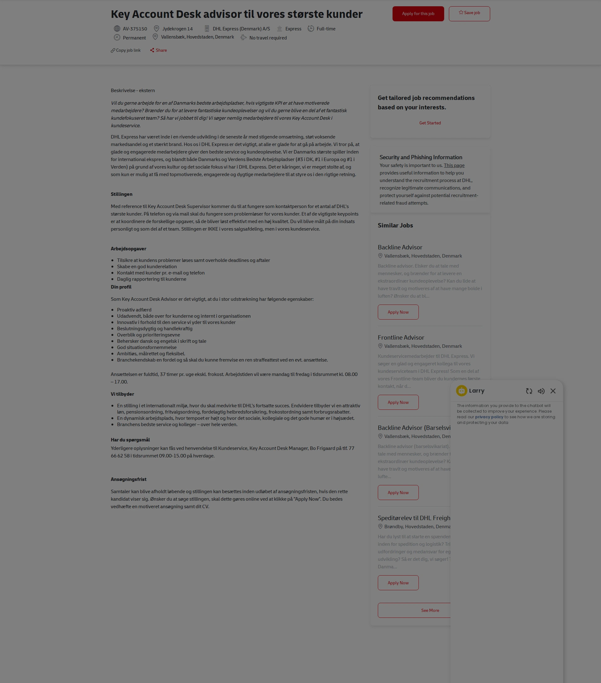 DHL Key Account Desk advisor til vores største kunder 채용공고