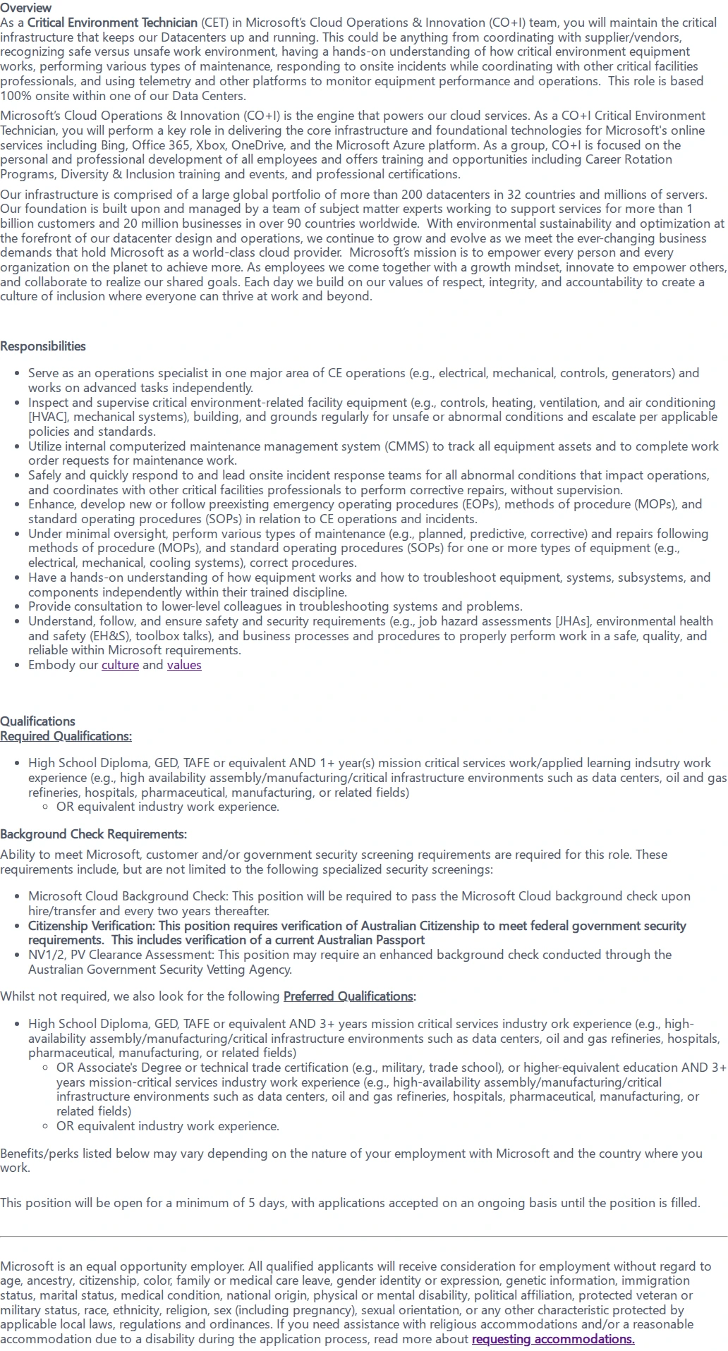마이크로소프트(Microsoft) Critical Environment Technician 채용공고