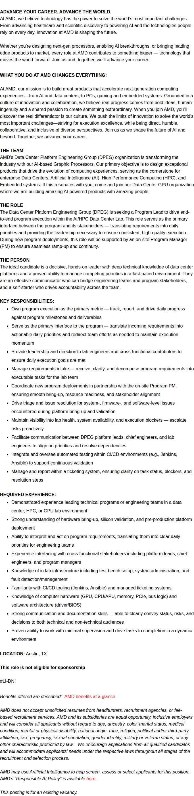 AMD Technical Program Manager - AI/HPC Data Center Lab 채용공고