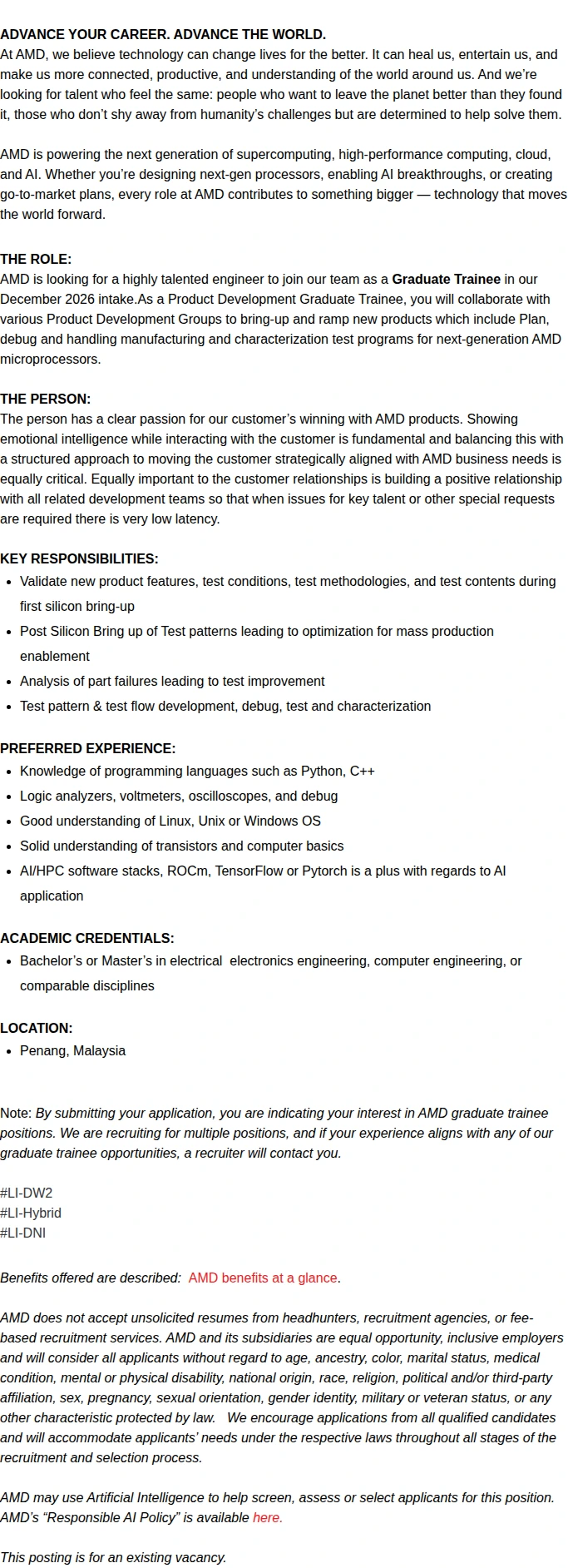 AMD Graduate Trainee - Product Development Engineer (Dec 2026 Intake) 채용공고