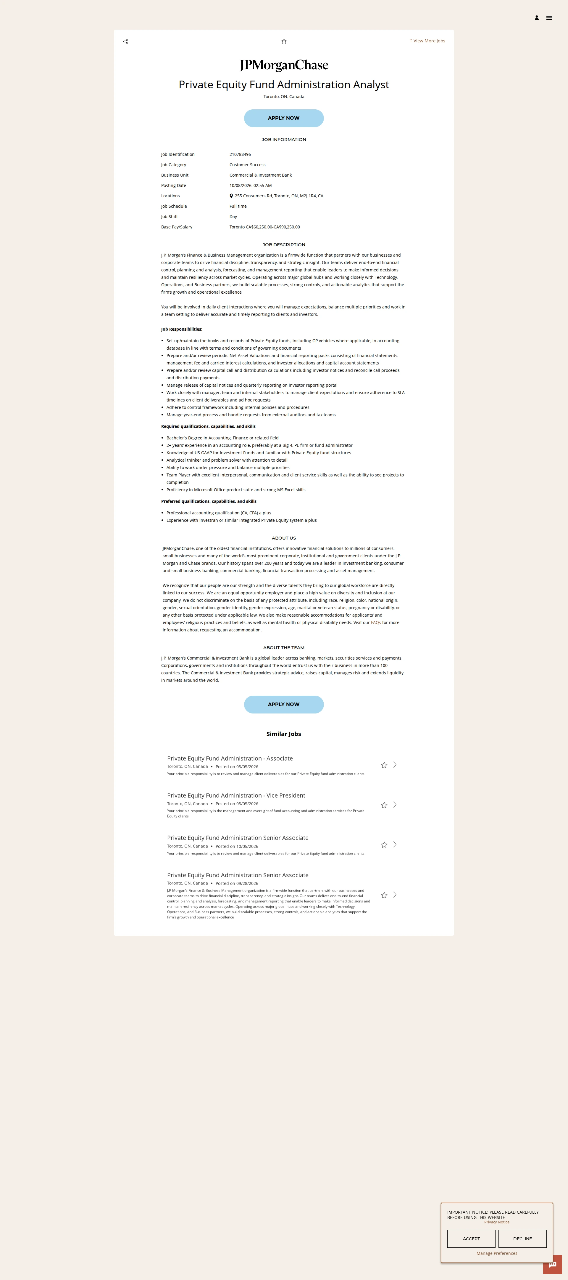 JPMorganChase Private Equity Fund Administration Analyst 채용공고