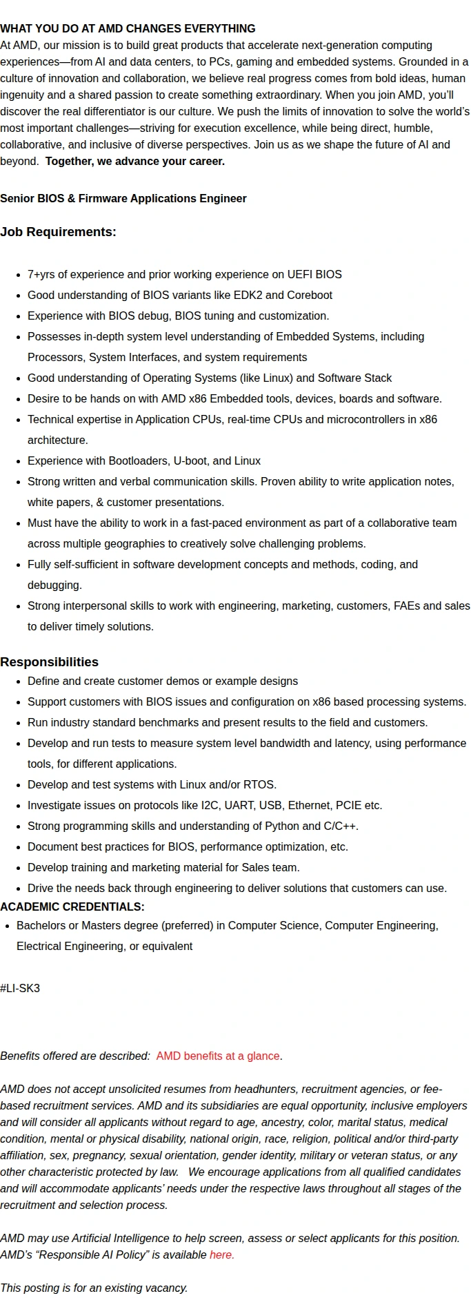 AMD Senior BIOS & Firmware Applications Engineer 채용공고