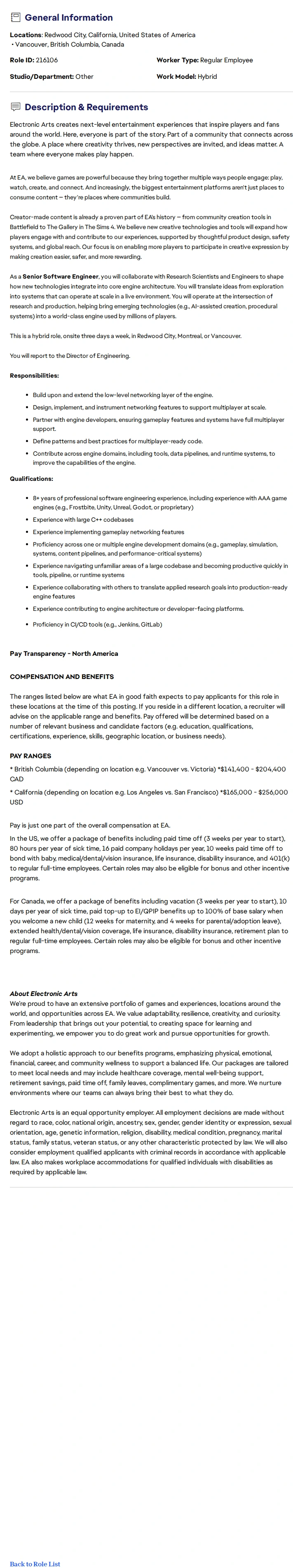ElectronicArts Senior Software Engineer - Networking 채용공고