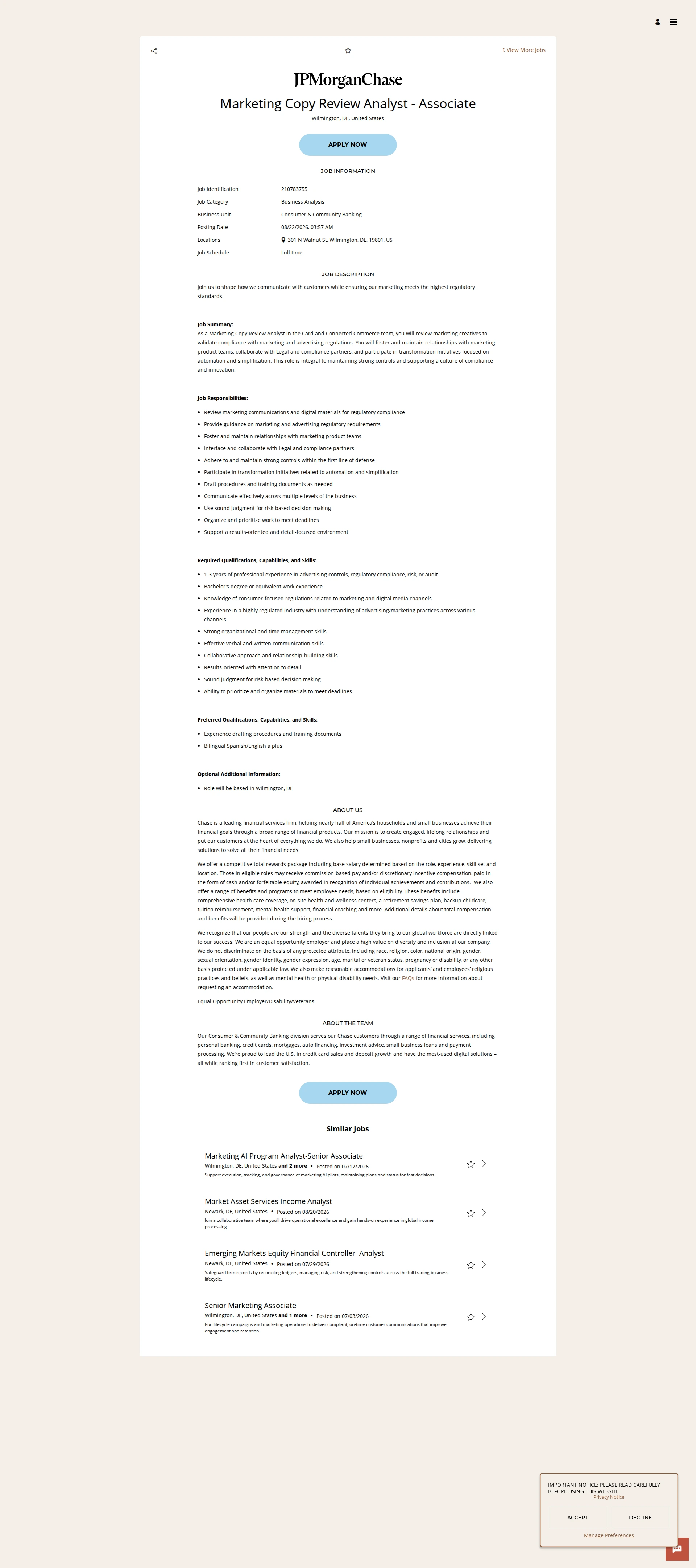 JPMorganChase Marketing Copy Review Analyst - Associate 채용공고