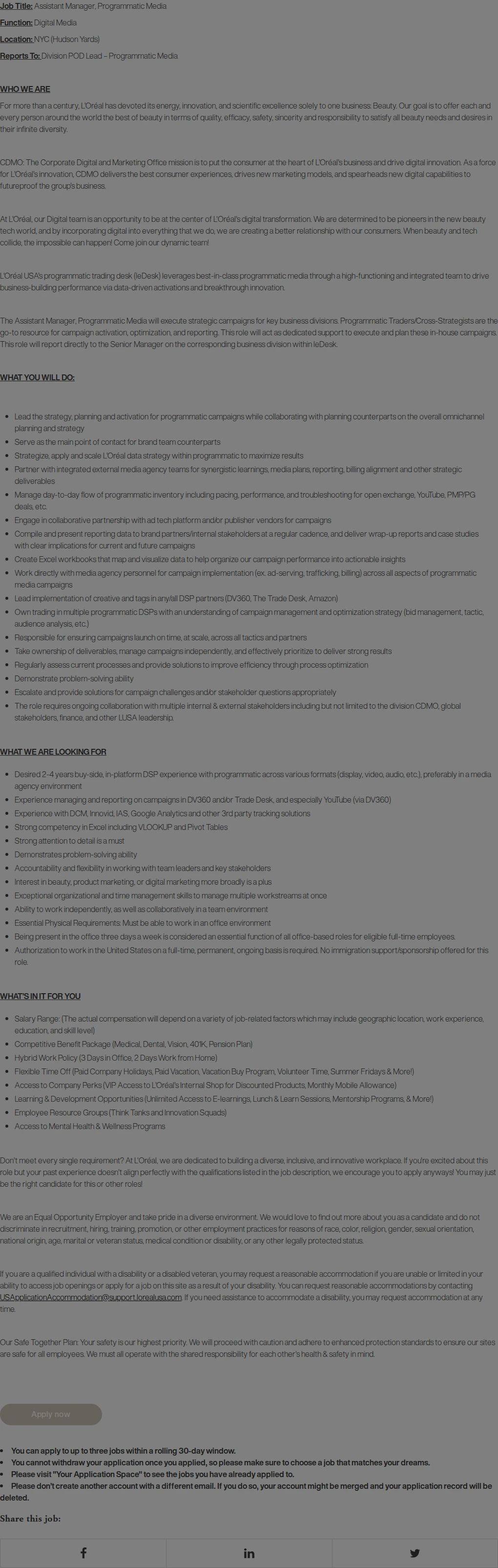 로레알(L'Oreal) Assistant Manager - Programmatic Media (CDMO) 채용공고