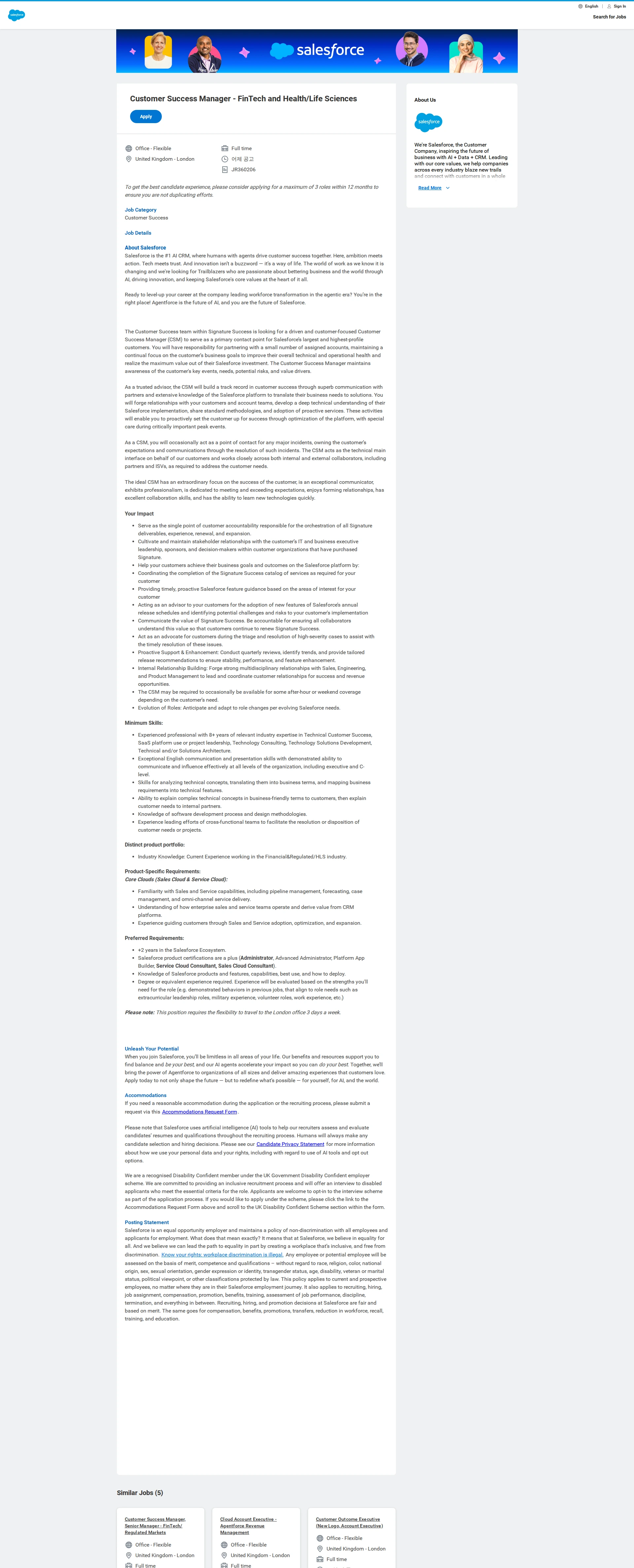 Salesforce Customer Success Manager - FinTech and Health/Life Sciences 채용공고