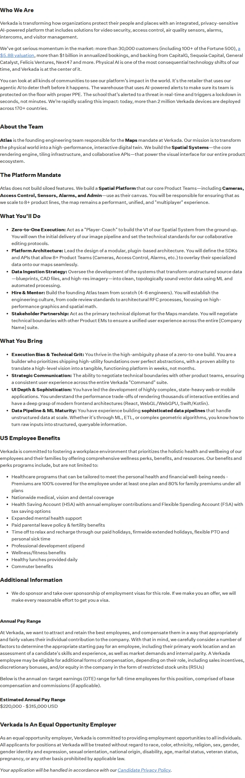 버카다 Engineering Manager, Atlas (Spatial Systems) 채용공고