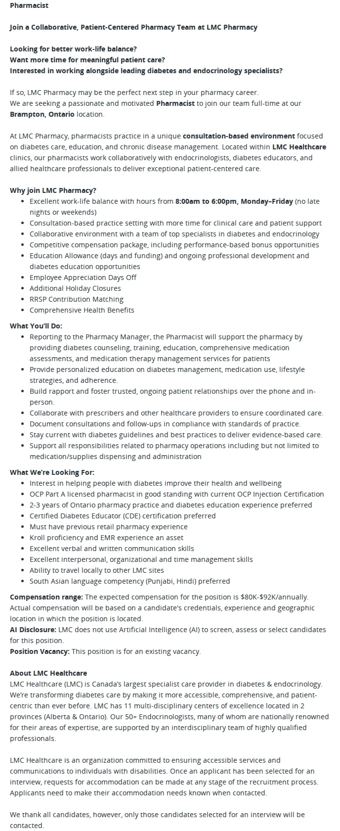 LMC Healthcare Pharmacist 채용공고