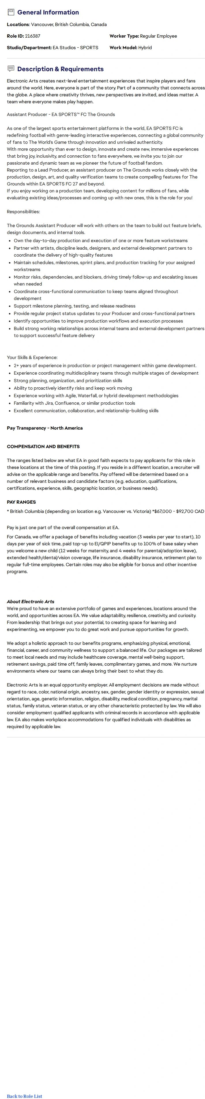 ElectronicArts Assistant Producer - EA SPORTS™ FC The Grounds 채용공고