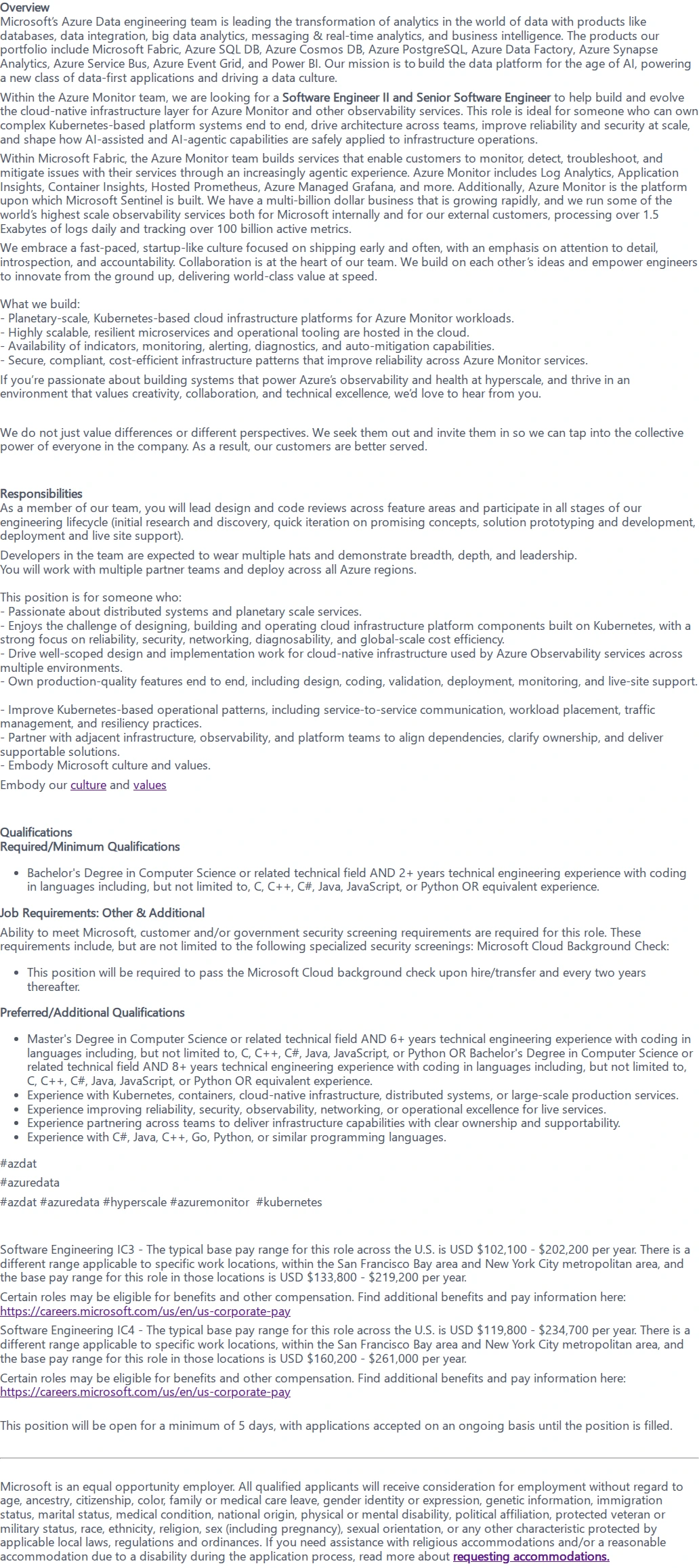 마이크로소프트(Microsoft) Software Engineer II and/or Senior Software Engineer - Kubernetes 채용공고