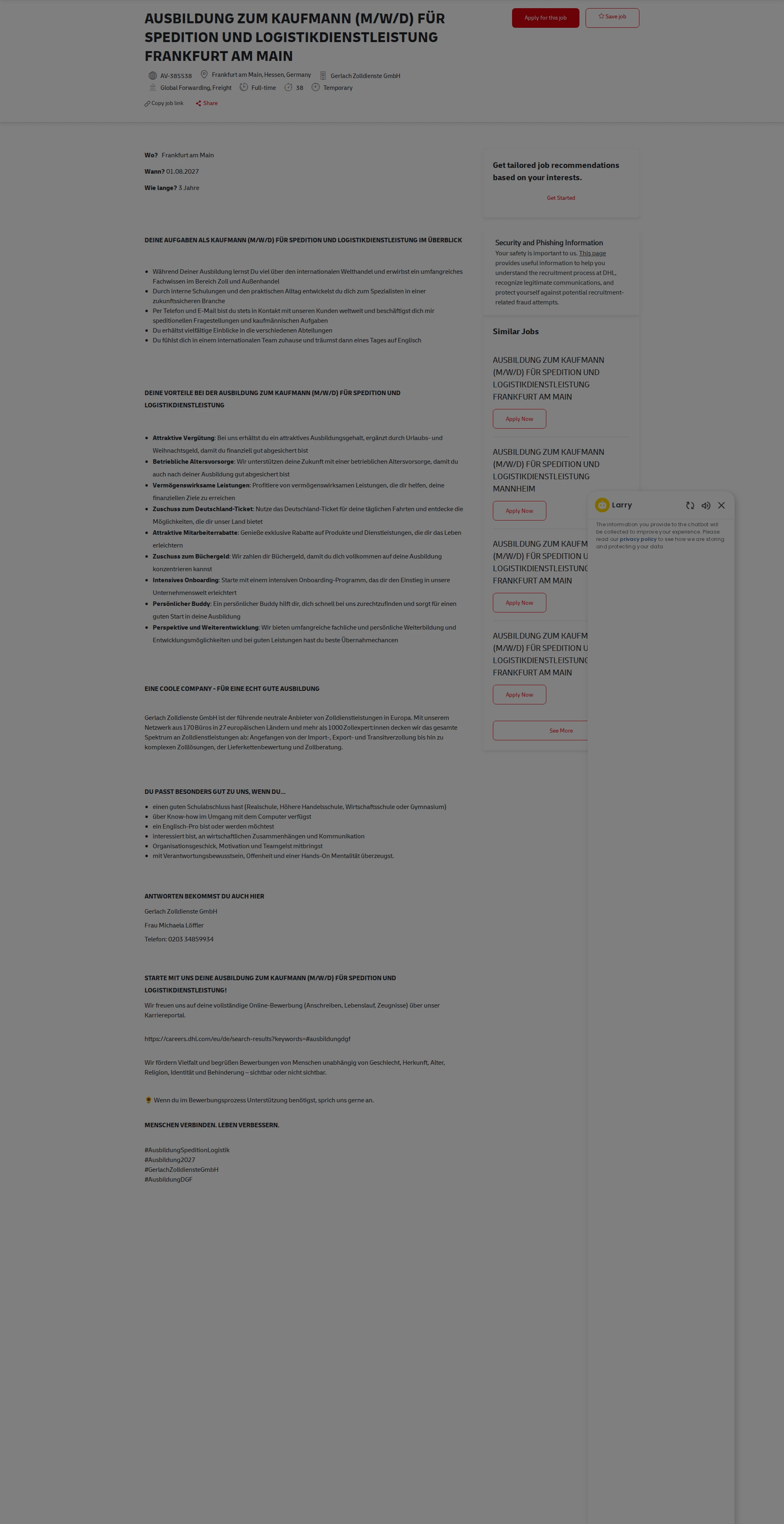 DHL AUSBILDUNG ZUM KAUFMANN (M/W/D) FÜR SPEDITION UND LOGISTIKDIENSTLEISTUNG FRANKFURT AM MAIN 채용공고