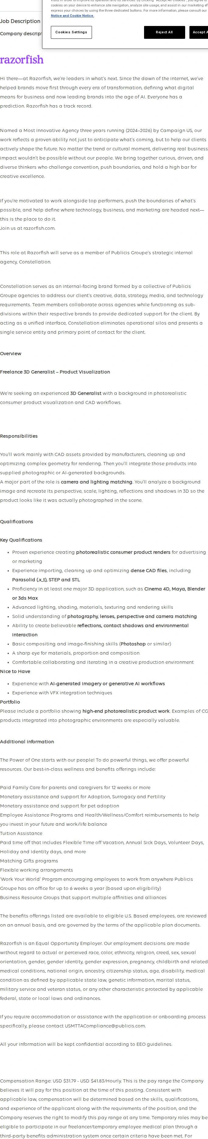 Publicis Groupe VFX Artist (Freelance) 채용공고