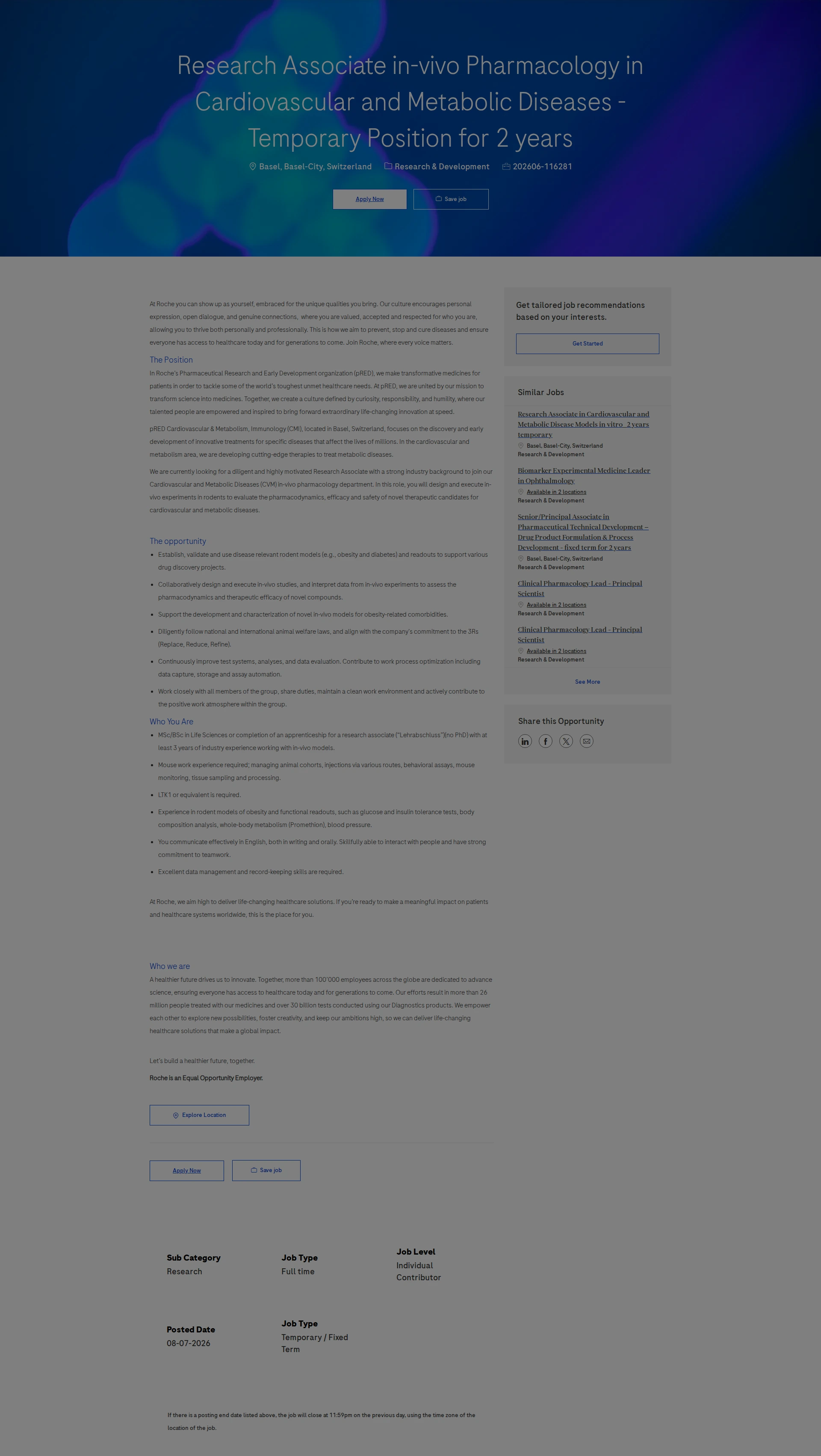 로슈 Research Associate in-vivo Pharmacology in Cardiovascular and Metabolic Diseases - Temporary Position for 2 years 채용공고