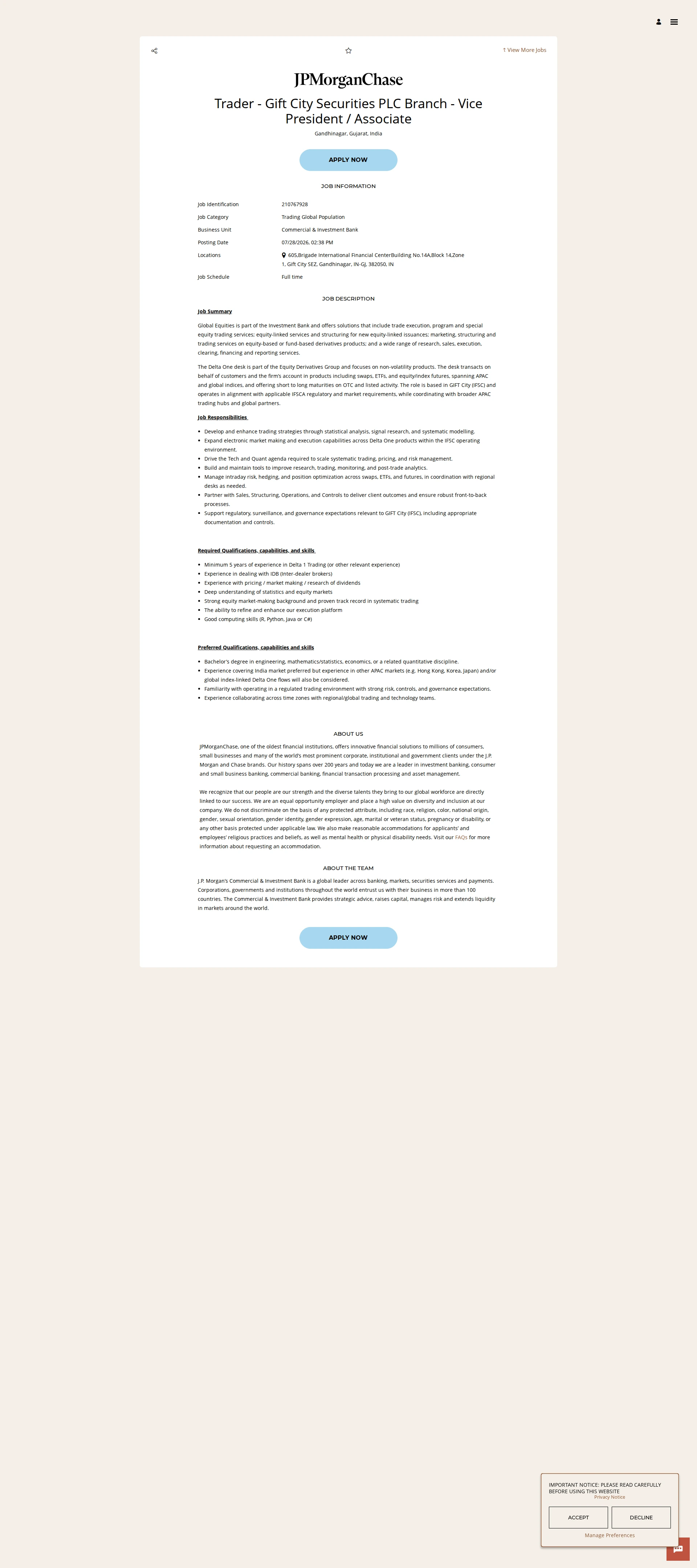 JPMorganChase Trader - Gift City Securities PLC Branch - Vice President / Associate 채용공고