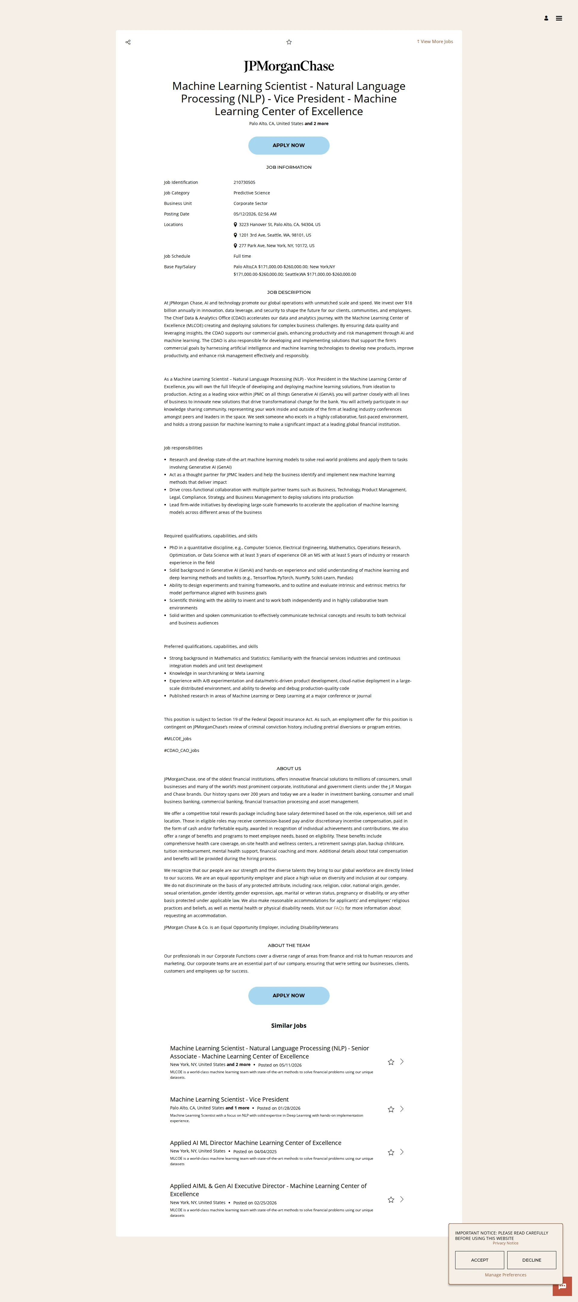 JPMorganChase Machine Learning Scientist - Natural Language Processing (NLP) - Vice President - Machine Learning Center of Excellence 채용공고