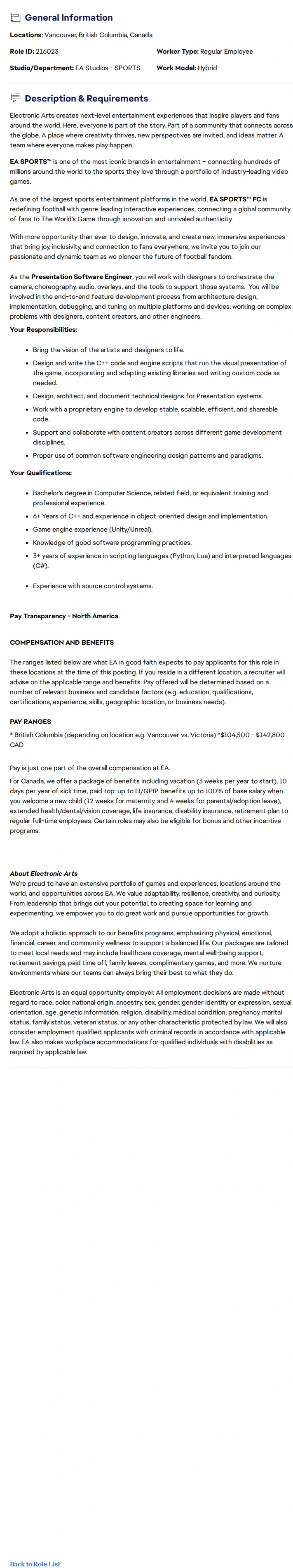 ElectronicArts Presentation Software Engineer - EA SPORTS™ FC 채용공고