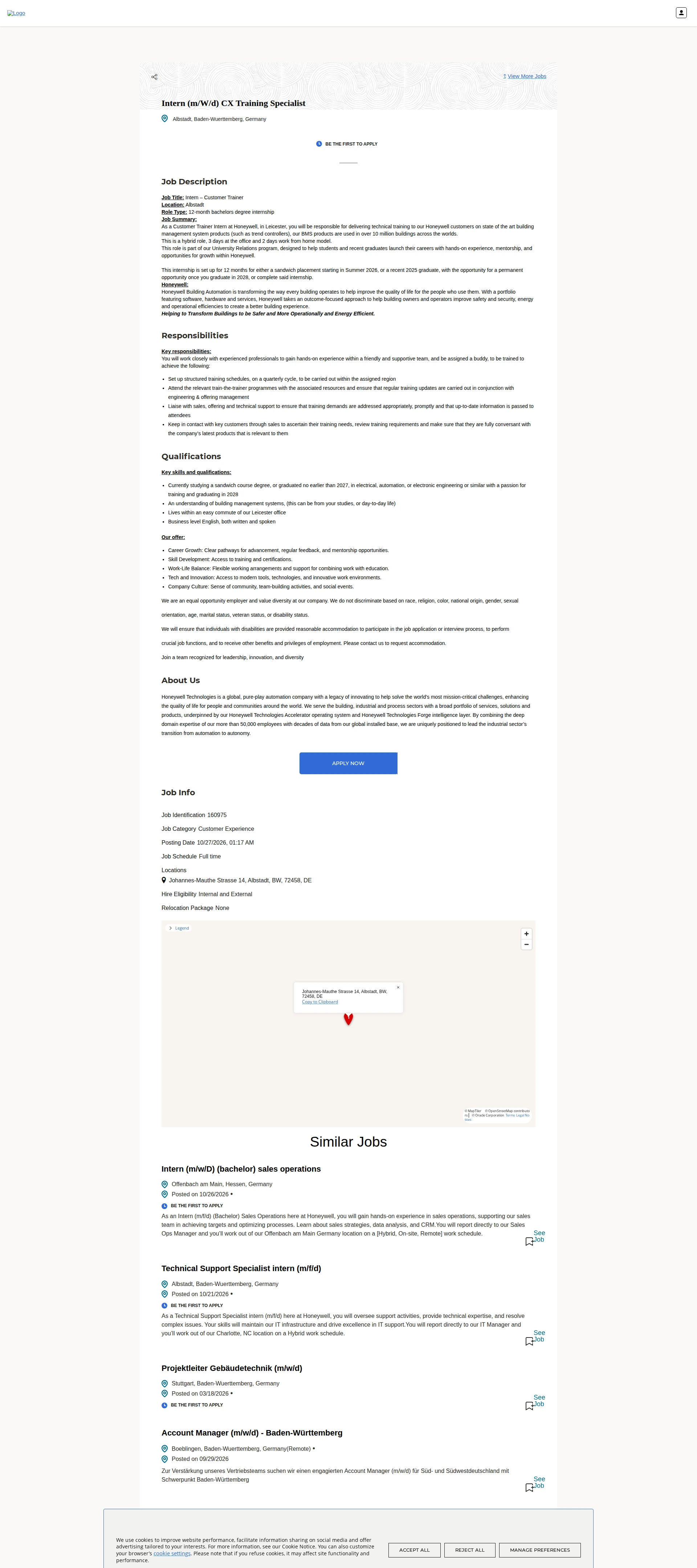 허니웰 Intern (m/W/d) CX Training Specialist 채용공고