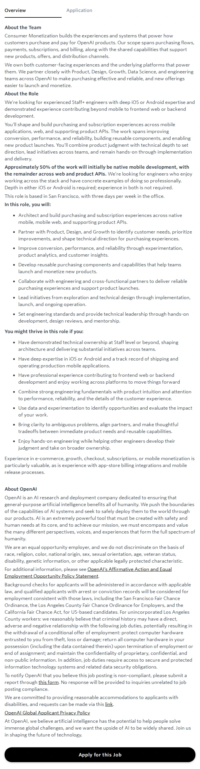 오픈에이아이(OpenAI) Mobile / Full Stack Staff+ Software Engineer, Consumer Monetization 채용공고