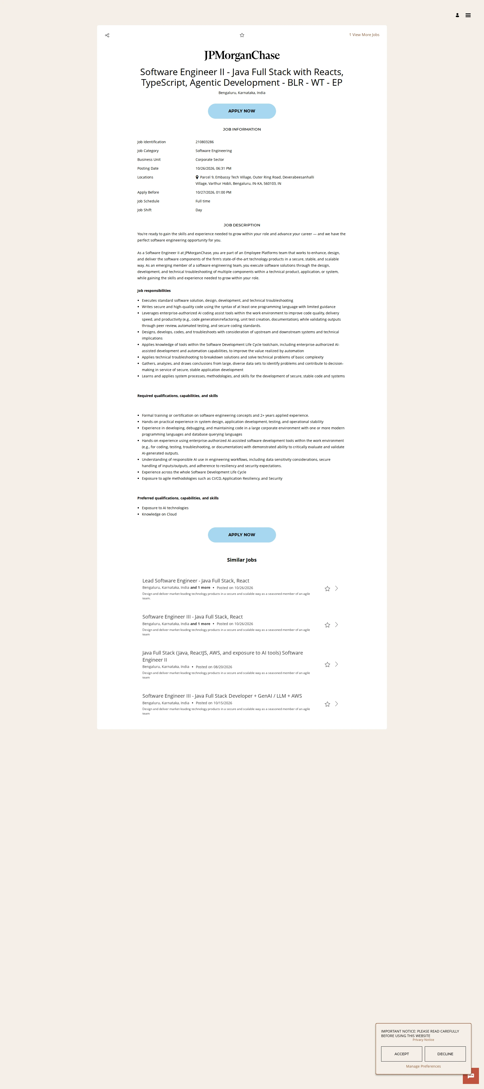 JPMorganChase Software Engineer II - Java Full Stack with Reacts, TypeScript, Agentic Development - BLR - WT - EP 채용공고