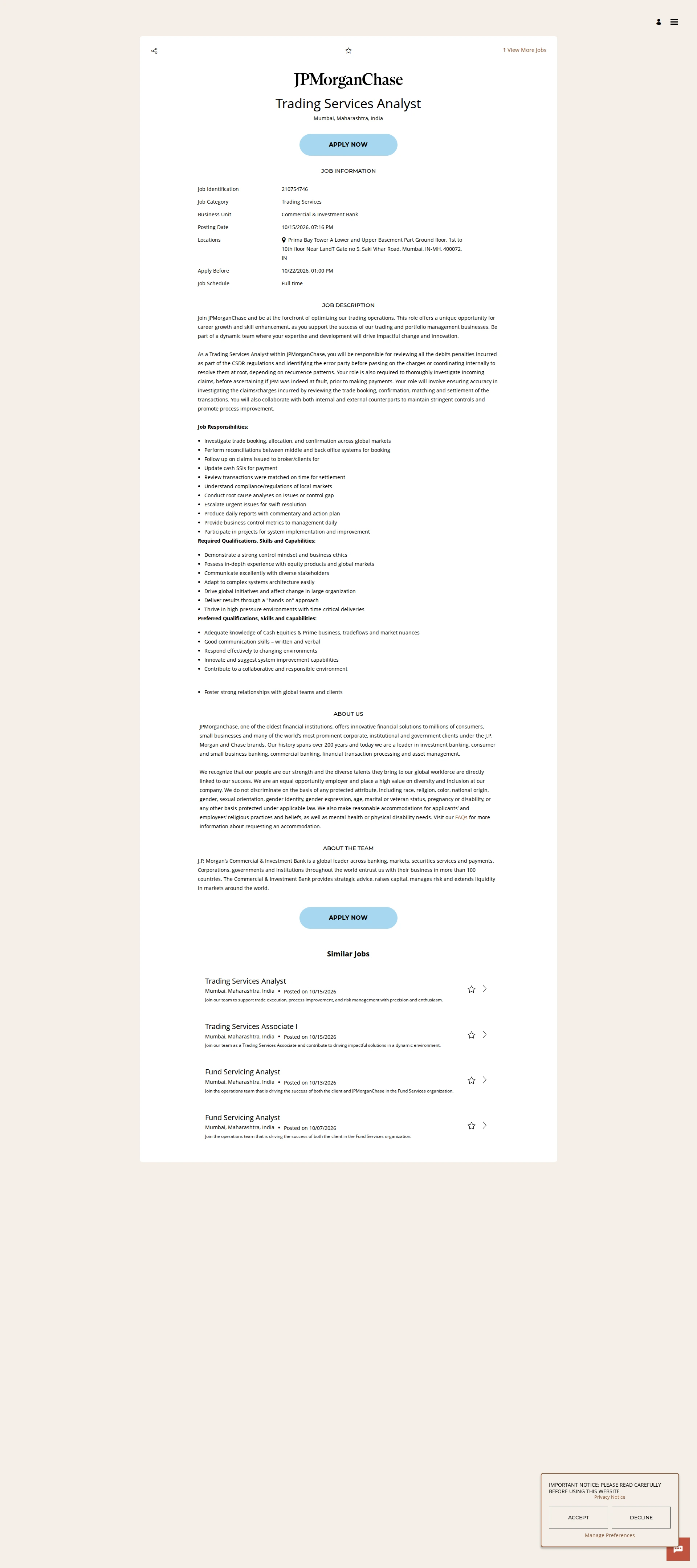 JPMorganChase Trading Services Analyst 채용공고