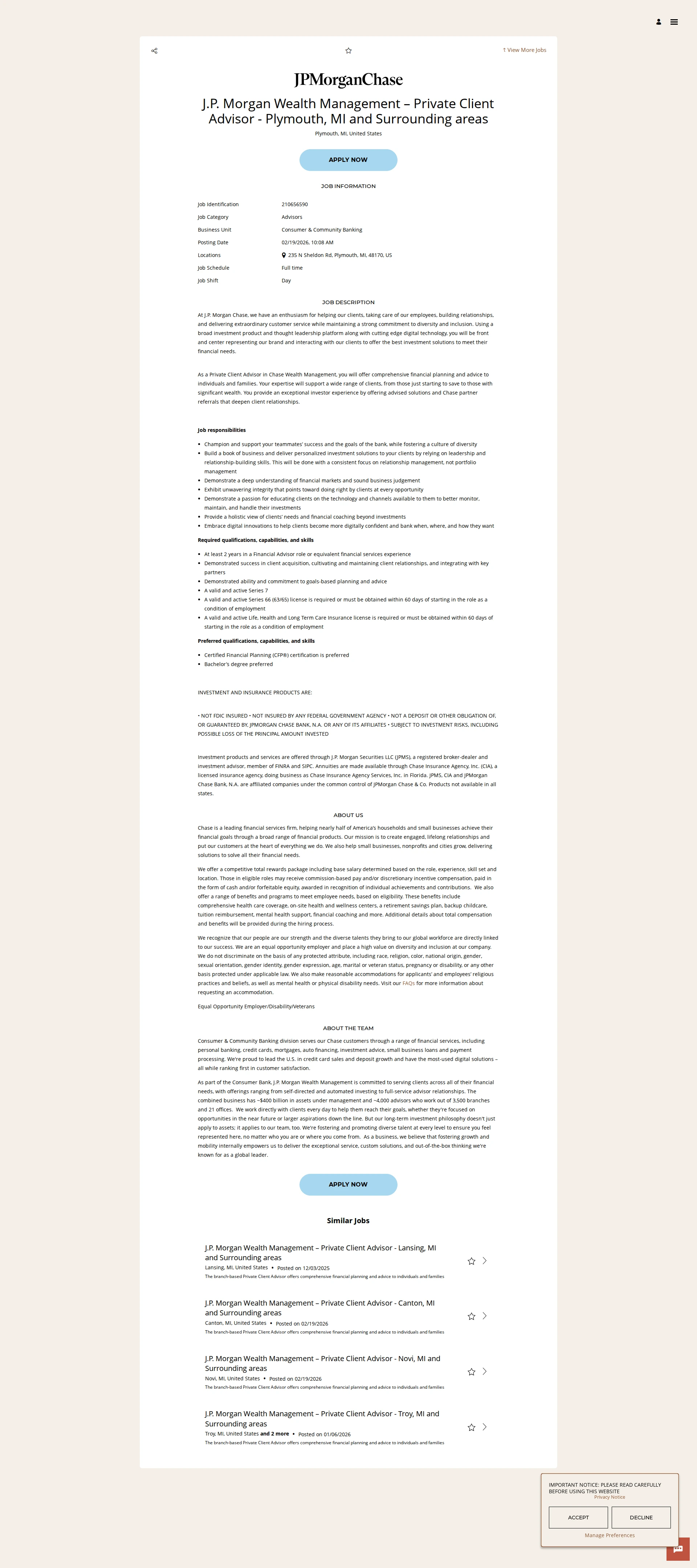 JPMorganChase J.P. Morgan Wealth Management – Private Client Advisor - Plymouth, MI and Surrounding areas 채용공고