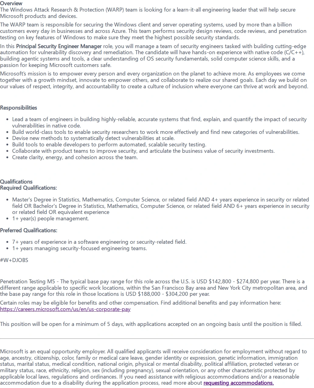 마이크로소프트(Microsoft) Principal Security Engineer Manager 채용공고