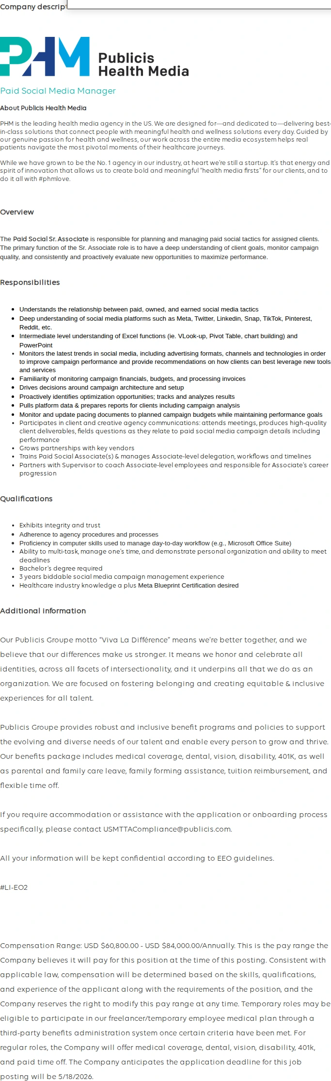 Publicis Groupe Senior Associate, Paid Social 채용공고