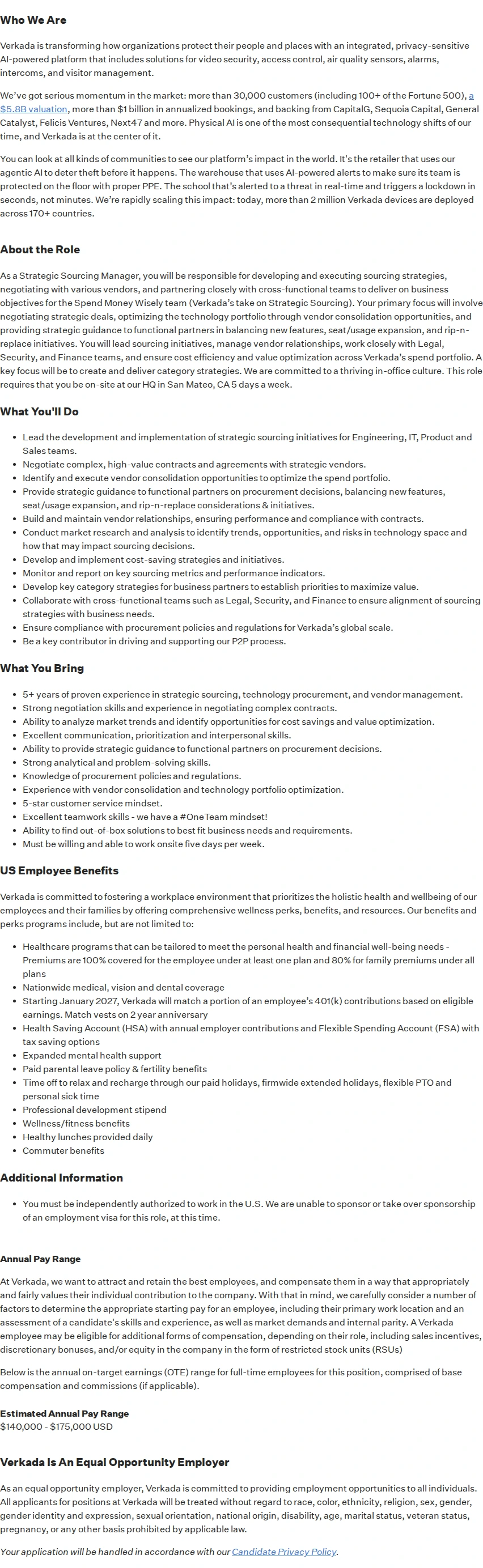 버카다 Strategic Sourcing Manager 채용공고