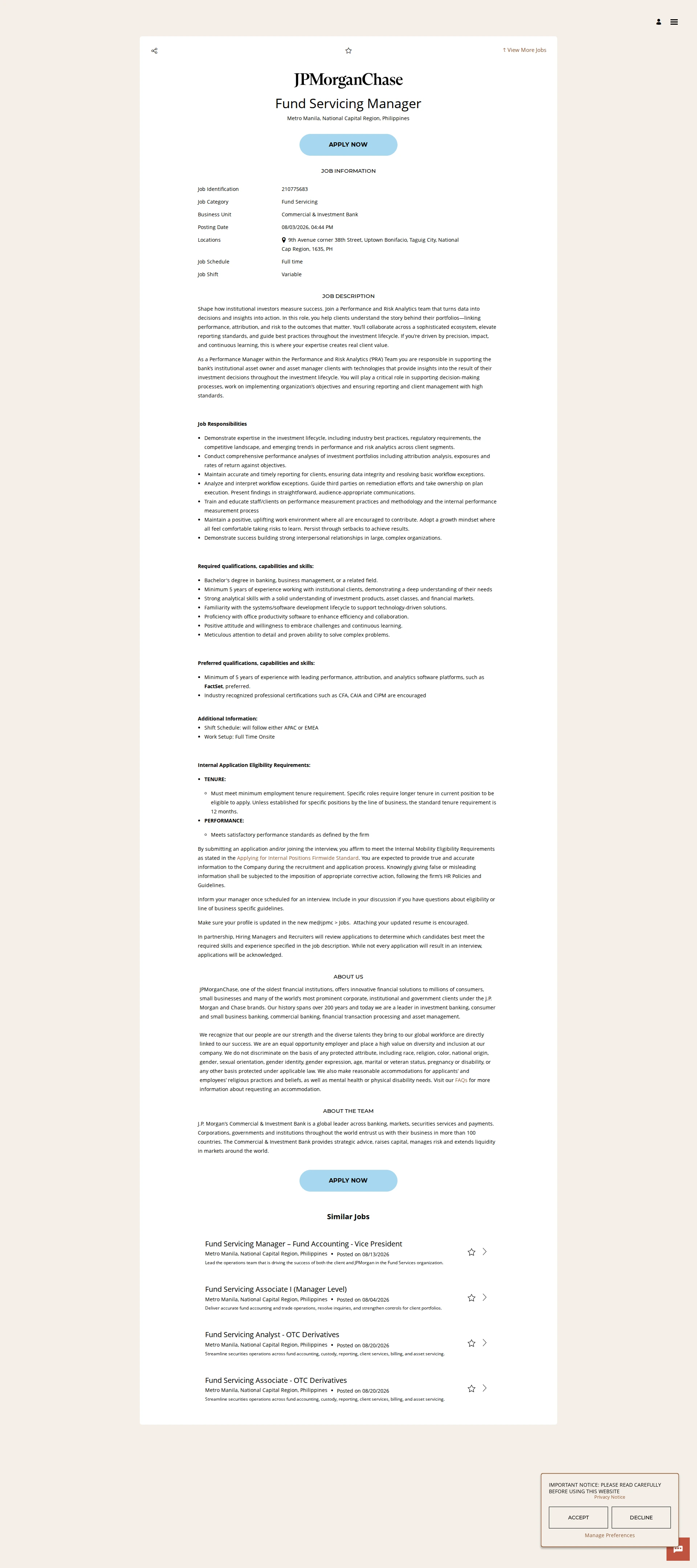 JPMorganChase Fund Servicing Manager 채용공고