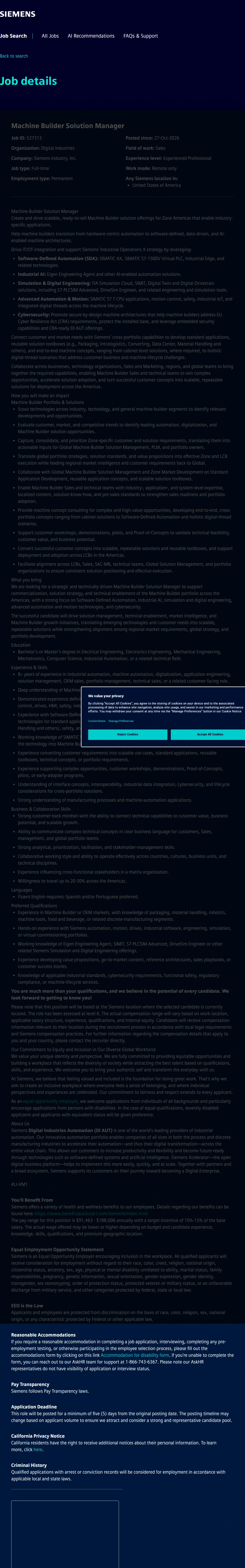 지멘스 Machine Builder Solution Manager 채용공고