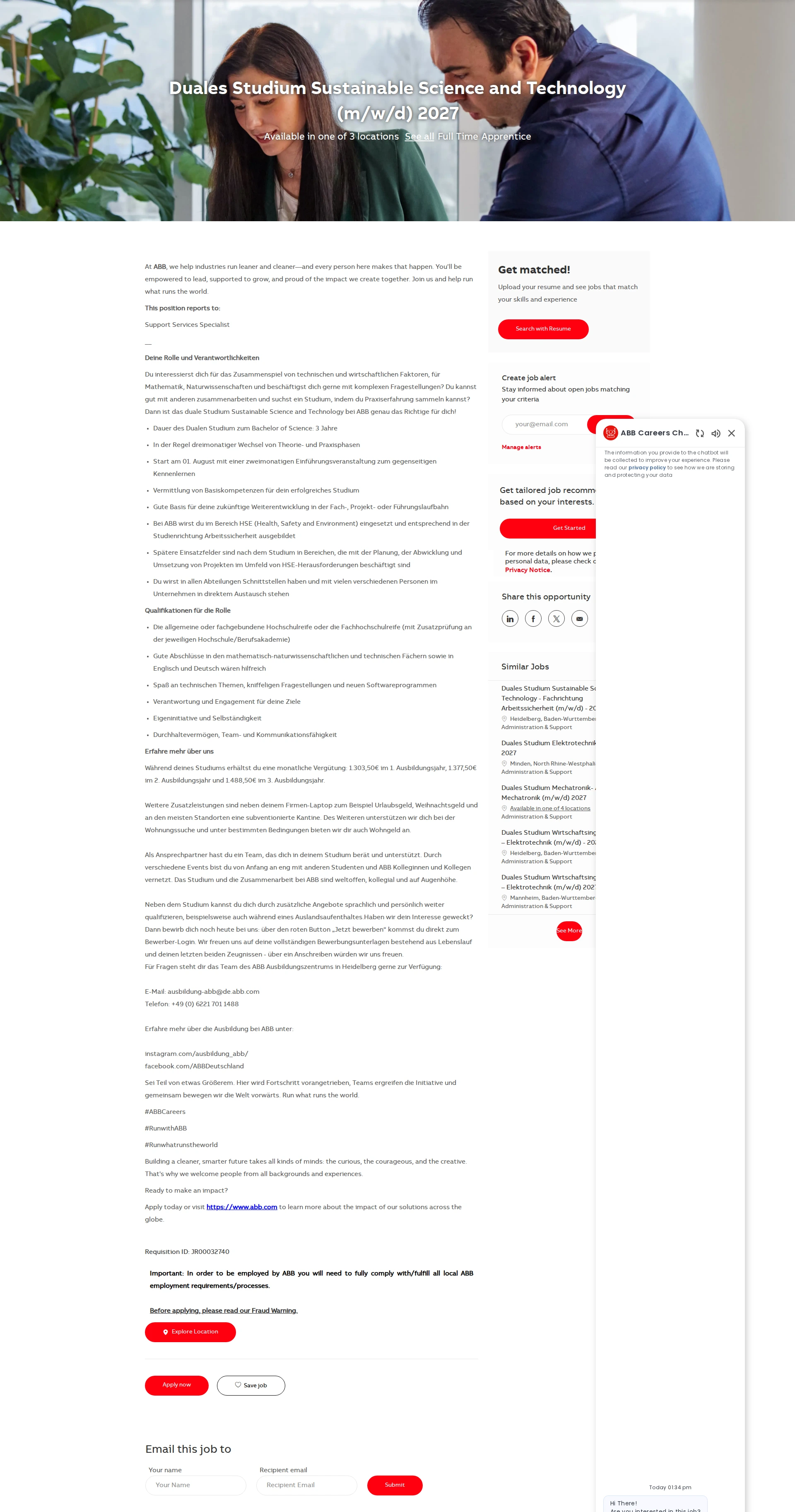 ABB코리아 Duales Studium Sustainable Science and Technology (m/w/d) 2027 채용공고