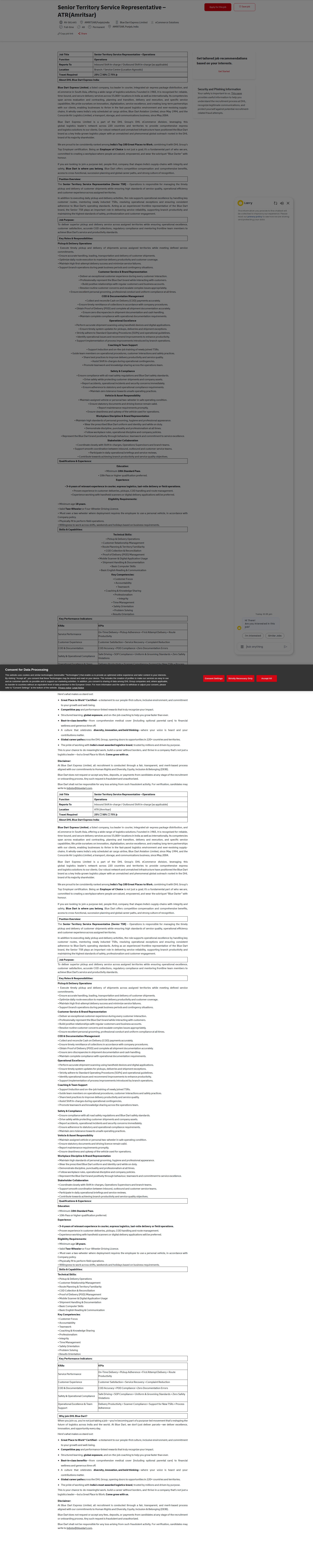 DHL Senior Territory Service Representative –  ATR(Amritsar) 채용공고