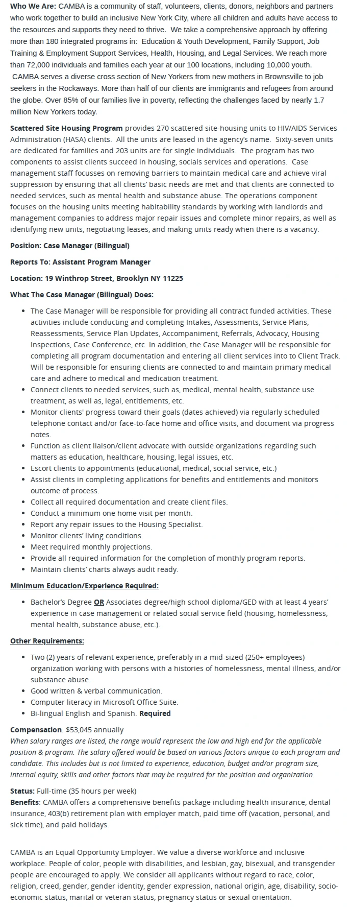 CAMBA Case Manager (Bilingual), Scattered Site Housing Program 채용공고