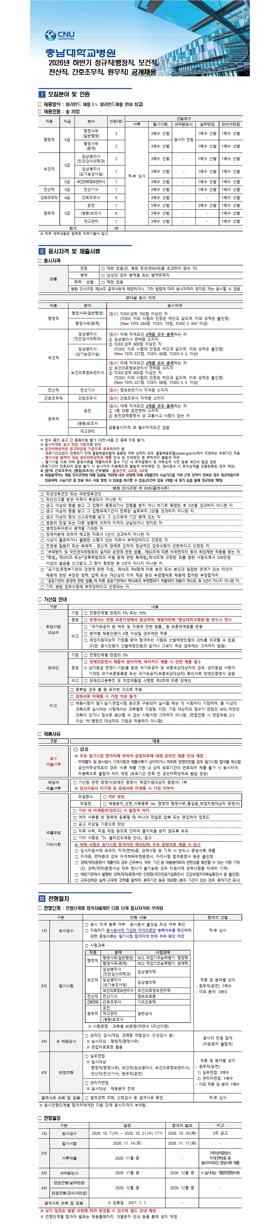 충남대학교병원 [대전] 2026년 하반기 정규직(행정직, 보건직, 전산직, 간호조무직, 원무직) 공개채용 #공채 채용공고