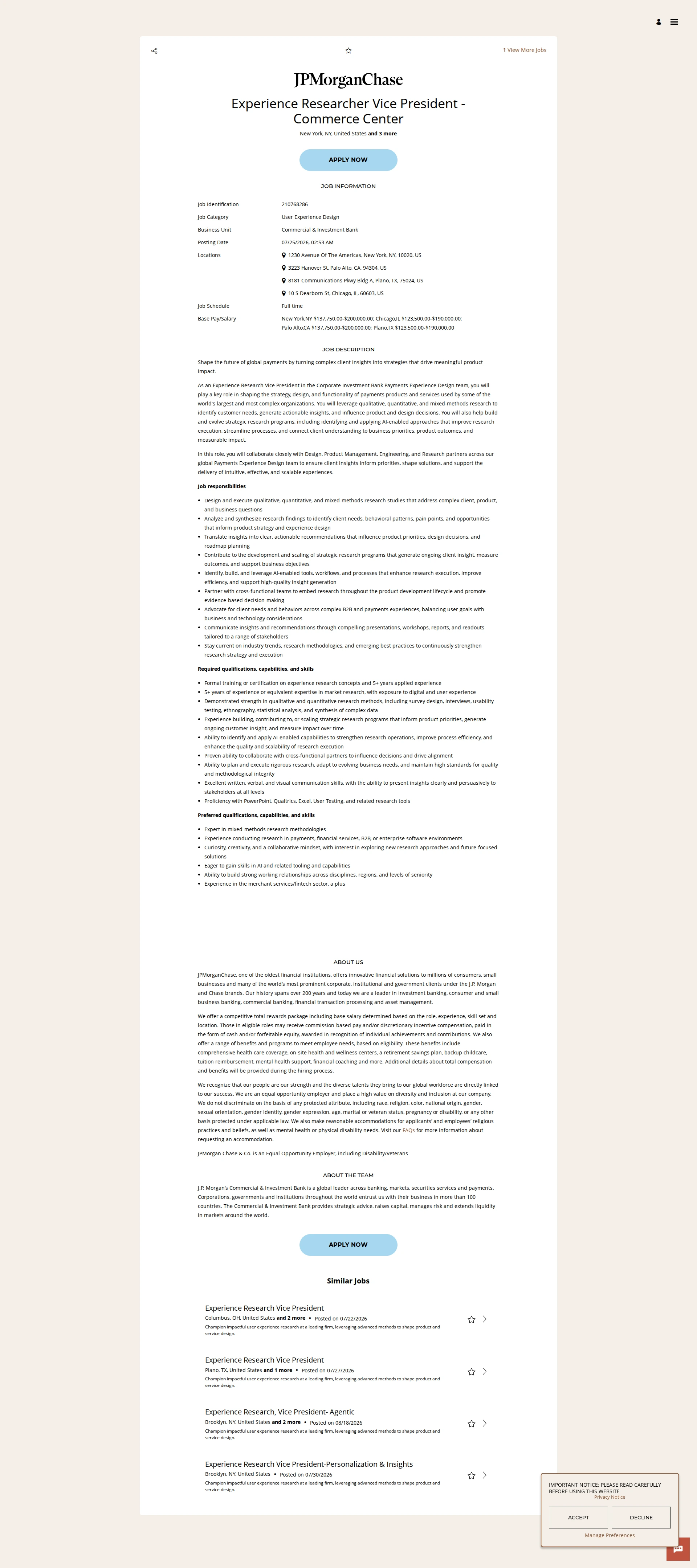 JPMorganChase Experience Researcher Vice President - Commerce Center 채용공고