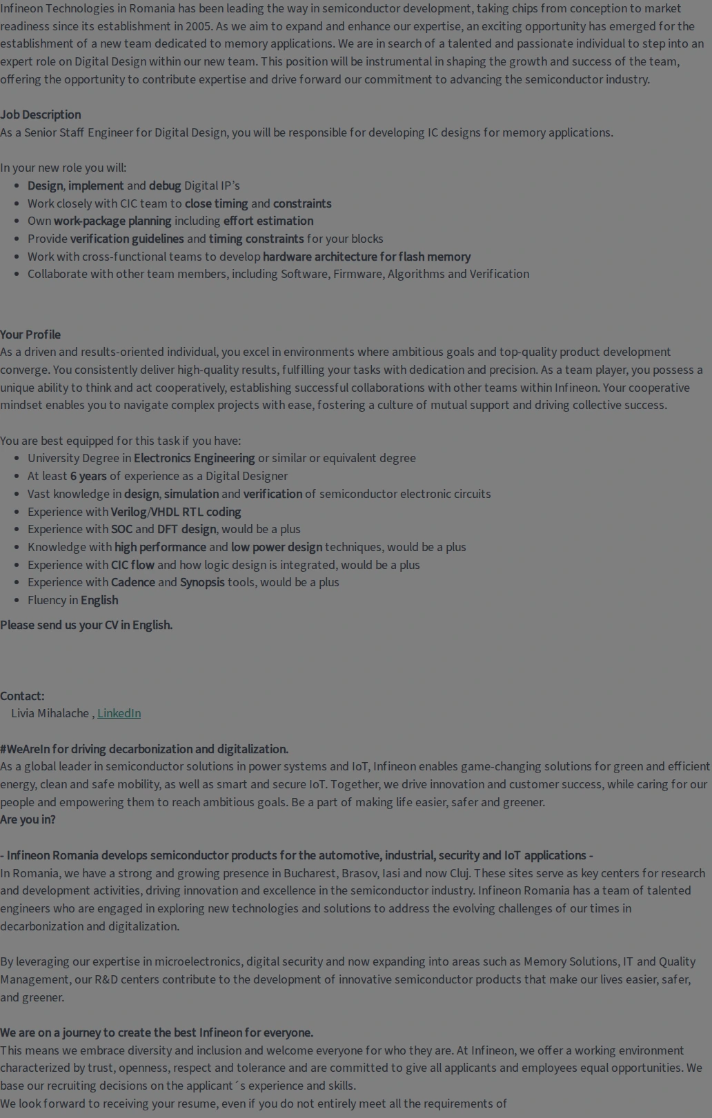인피니언테크놀로지스코리아 Senior Staff Engineer Digital Design (f/m/div) 채용공고