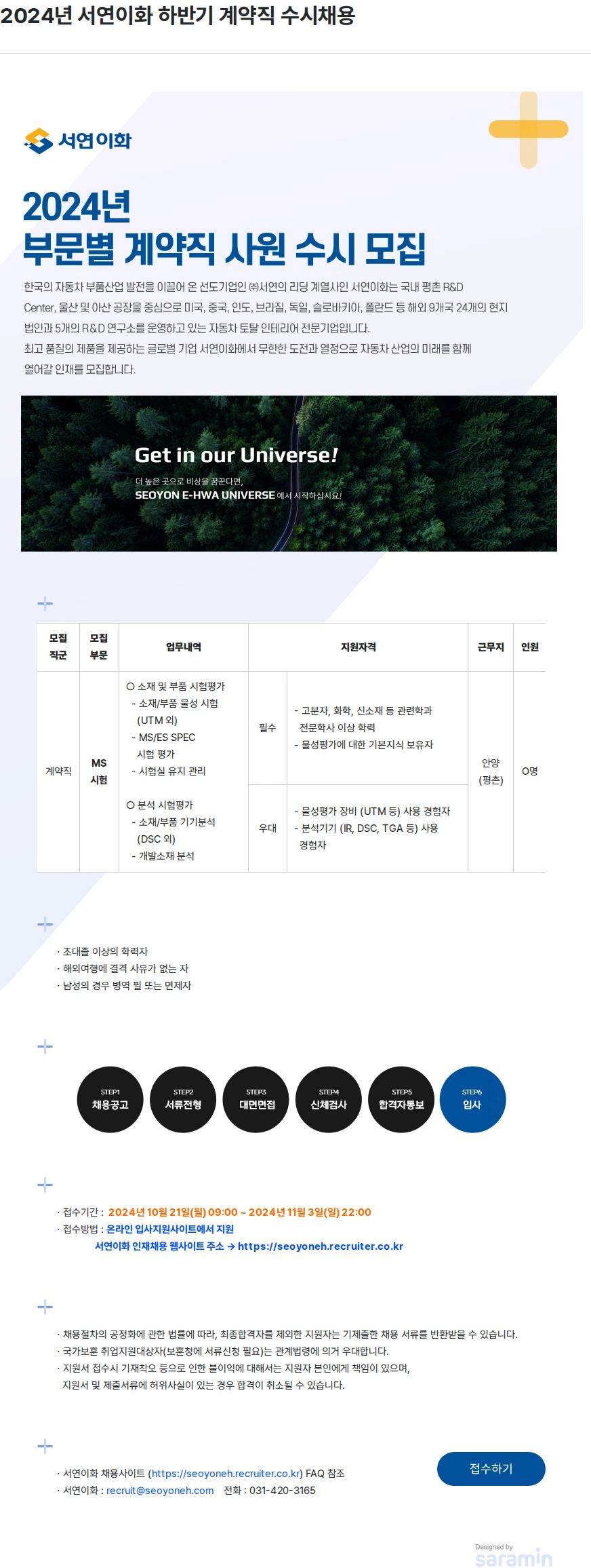 서연이화 2024년 서연이화 하반기 계약직 수시채용 채용공고