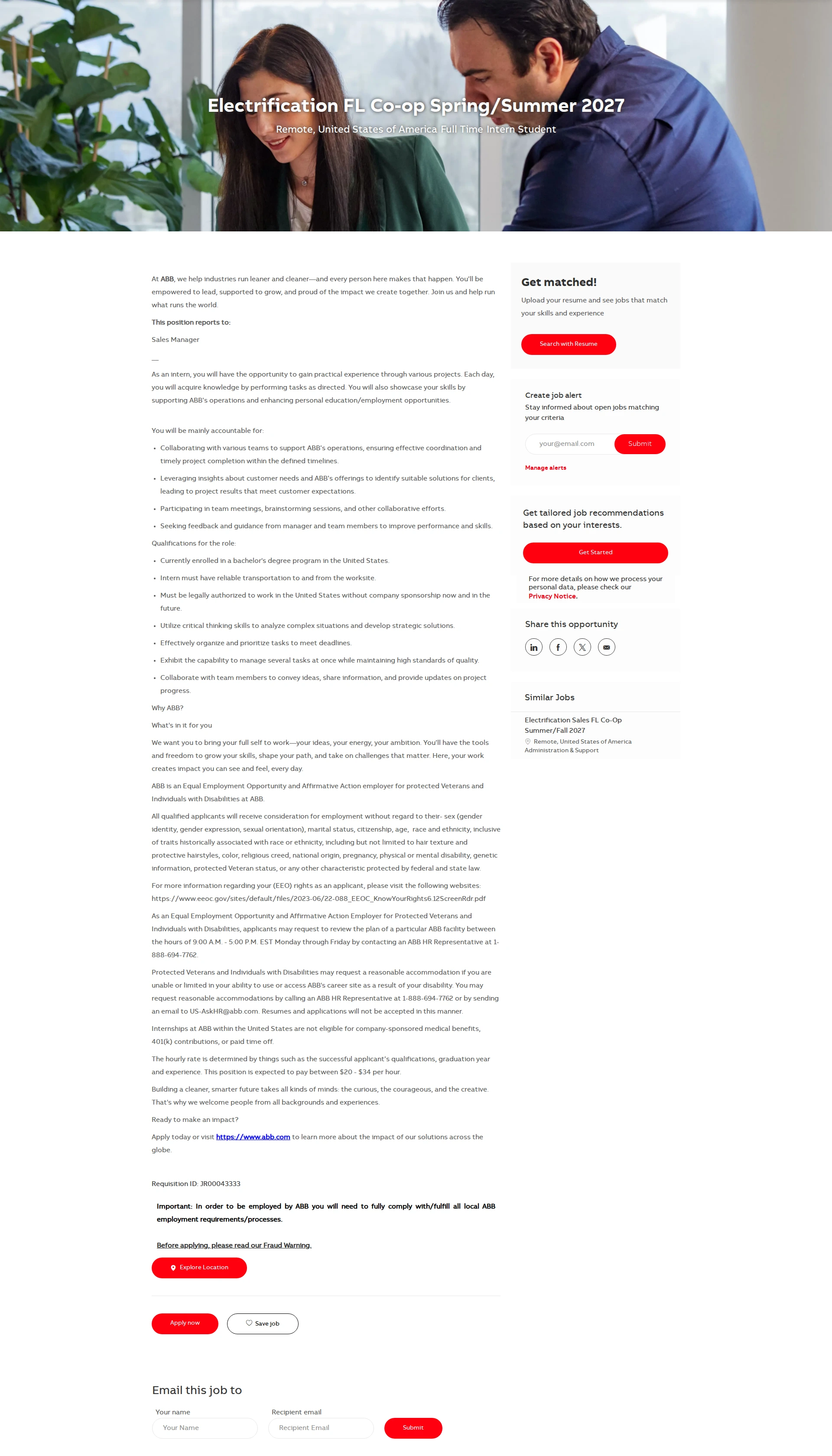 ABB코리아 Electrification FL Co-op Spring/Summer 2027 채용공고