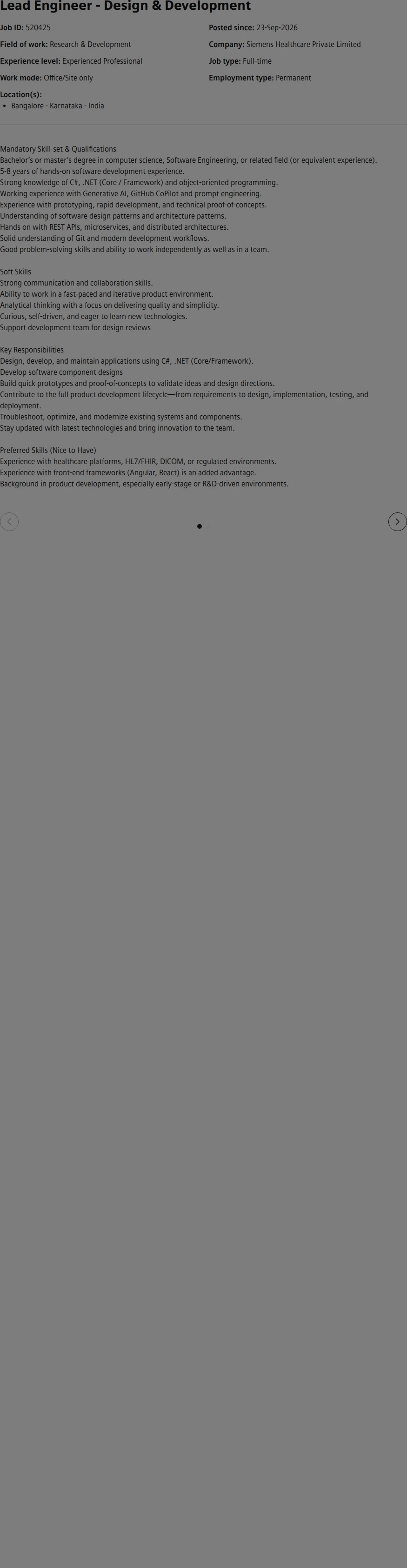 SiemensHealthineers Lead Engineer - Design & Development 채용공고