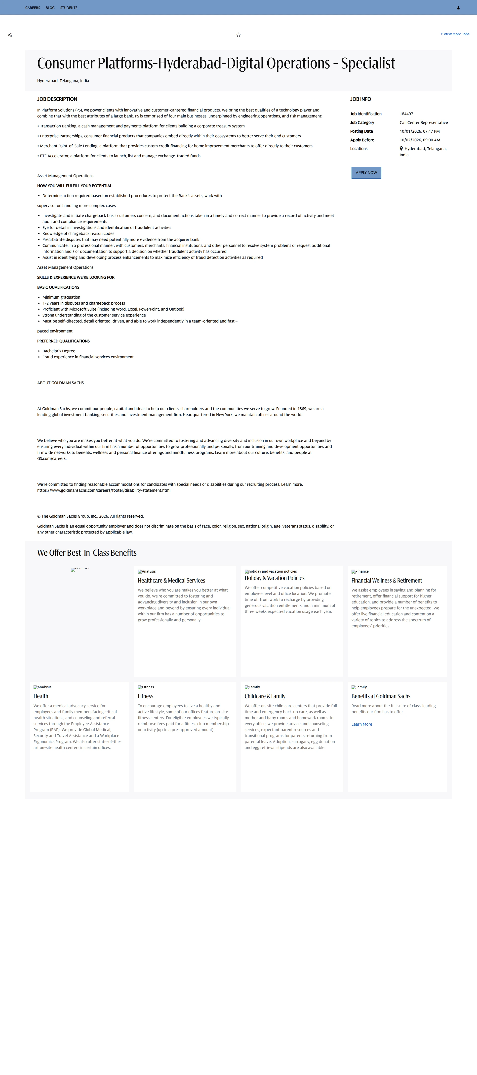 골드만삭스 Consumer Platforms-Hyderabad-Digital Operations - Specialist 채용공고
